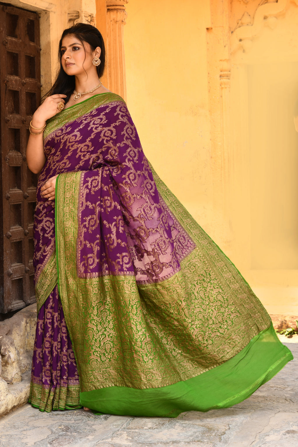 Royal Purple Banarasi Crape Chiffon Silk Saree