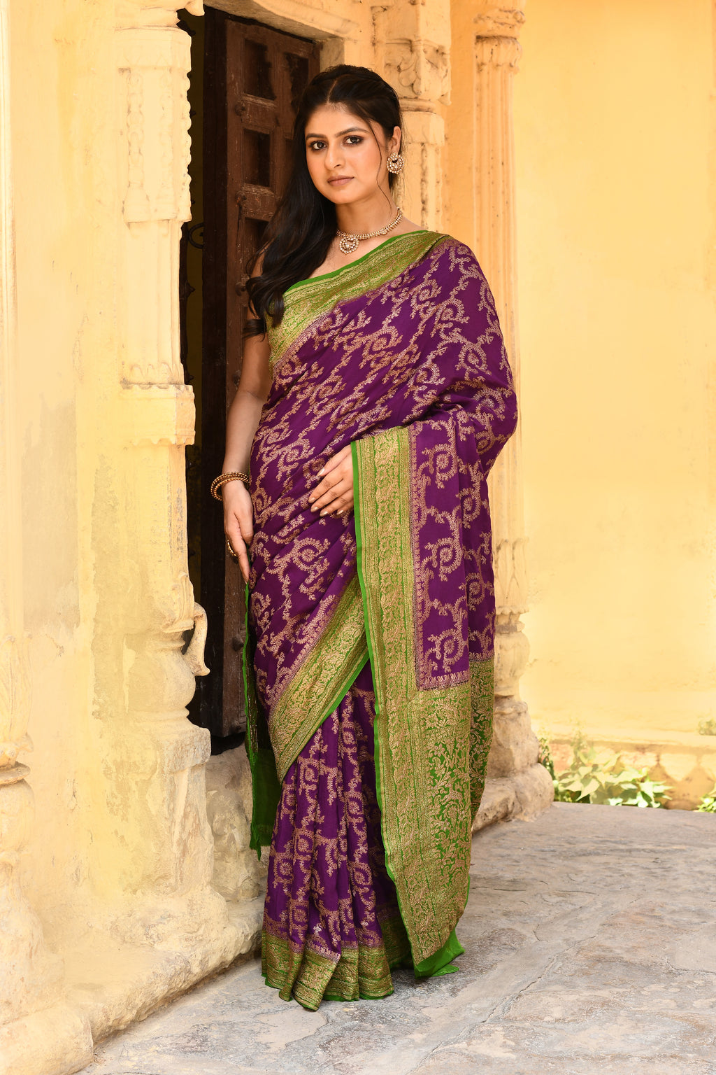 Royal Purple Banarasi Crape Chiffon Silk Saree