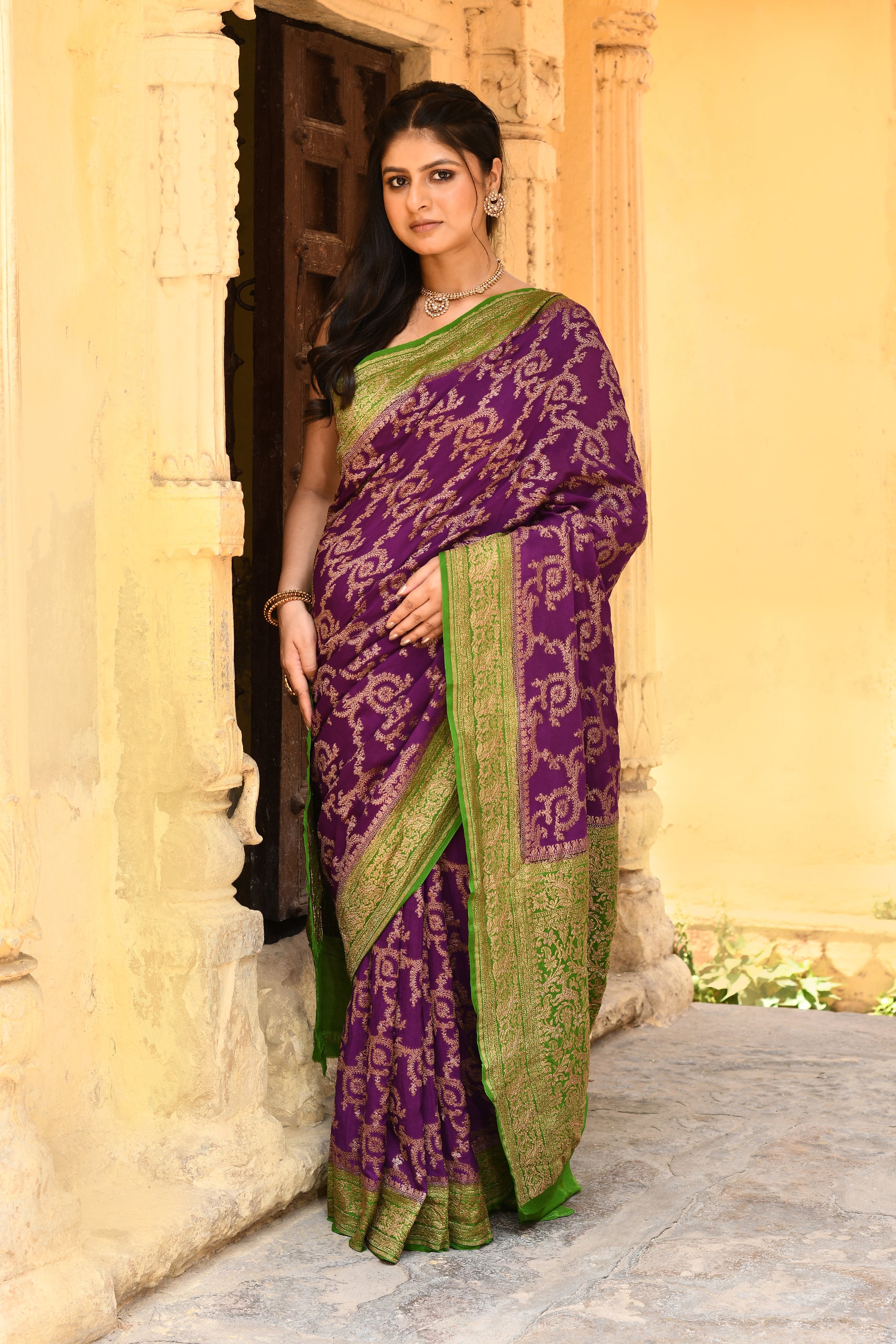 Royal Purple Banarasi Crape Chiffon Silk Saree
