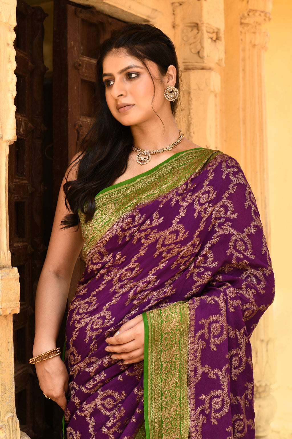 Royal Purple Banarasi Crape Chiffon Silk Saree