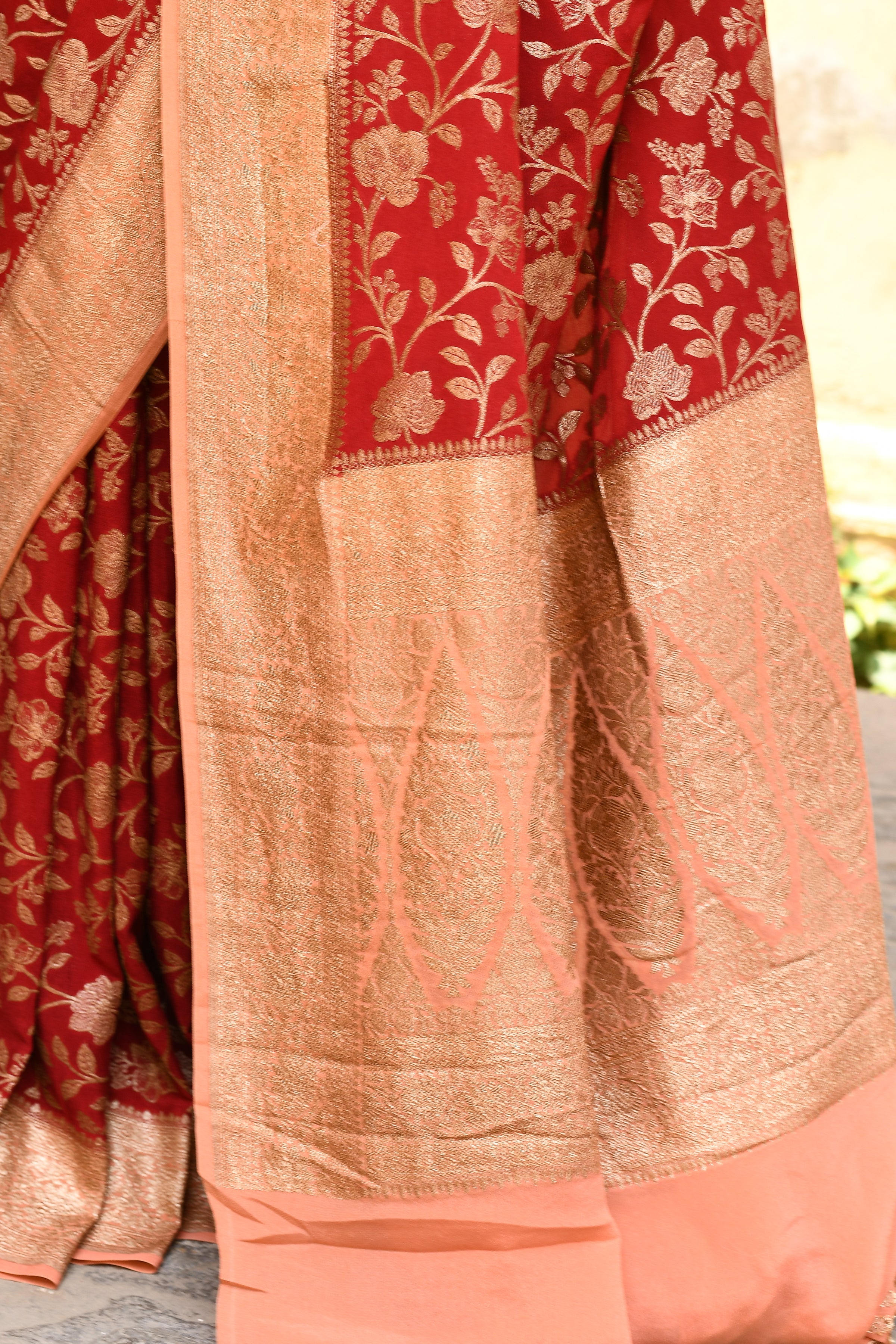 Red Banarasi Crape Chiffon Silk Saree