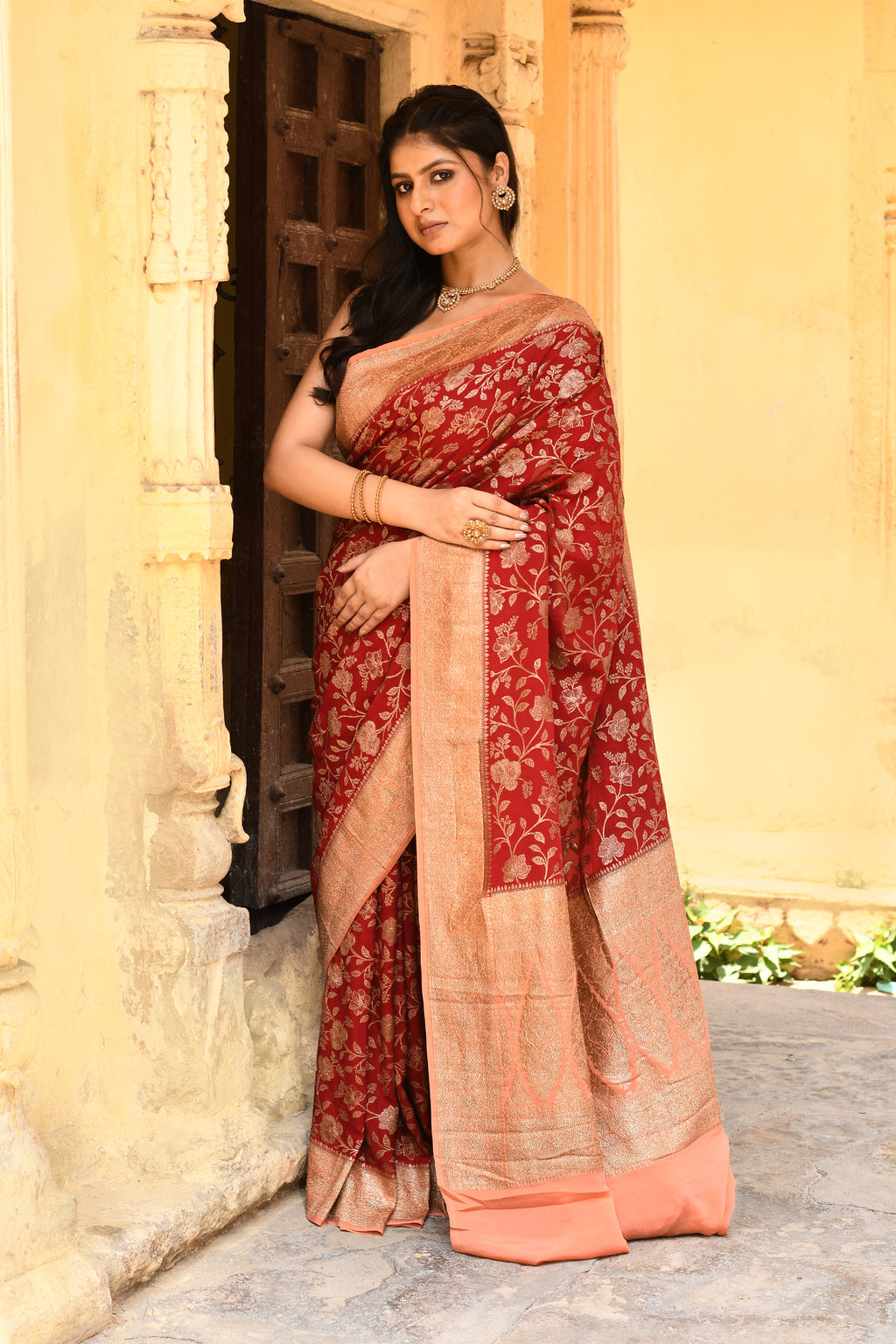 Red Banarasi Crape Chiffon Silk Saree