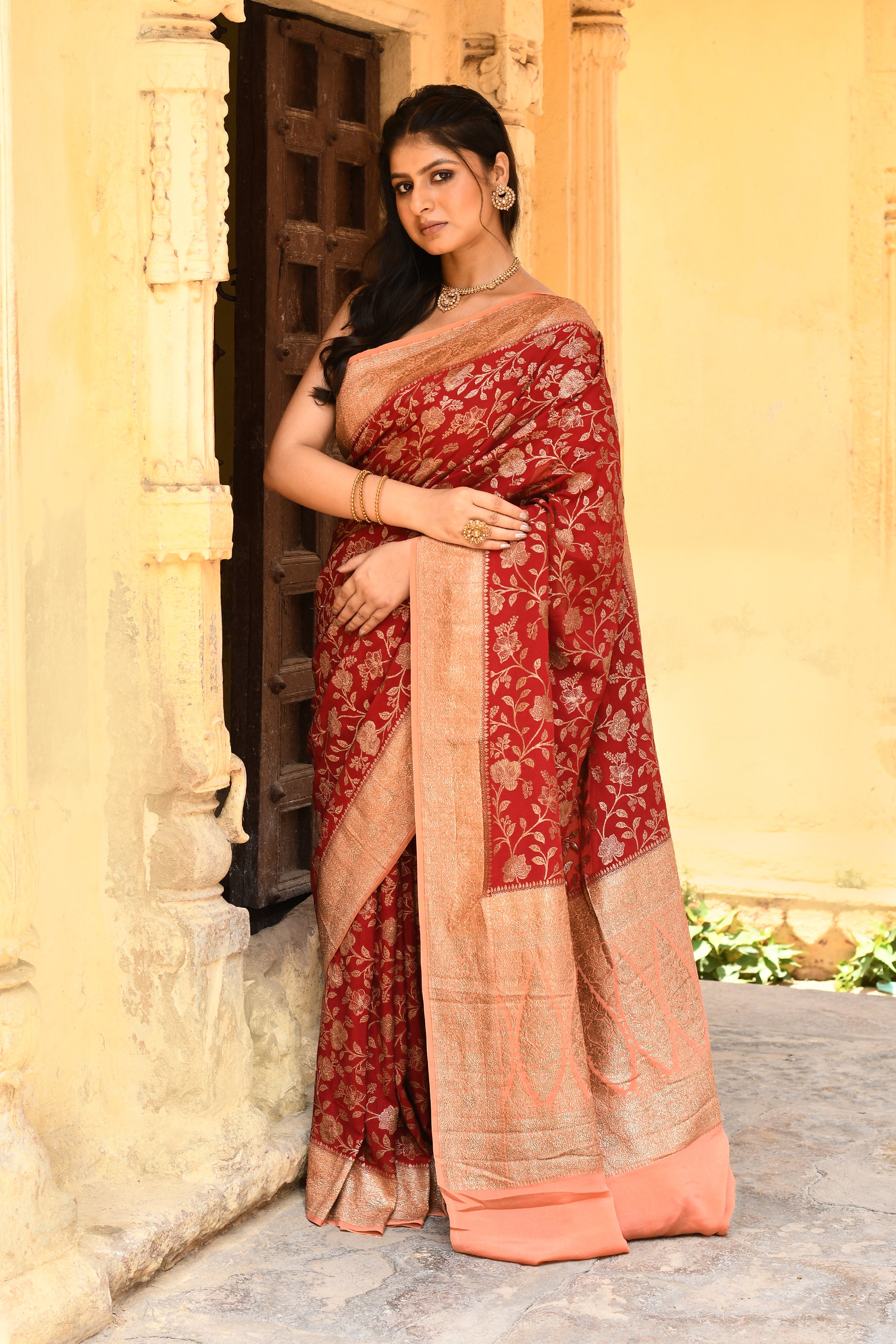 Red Banarasi Crape Chiffon Silk Saree