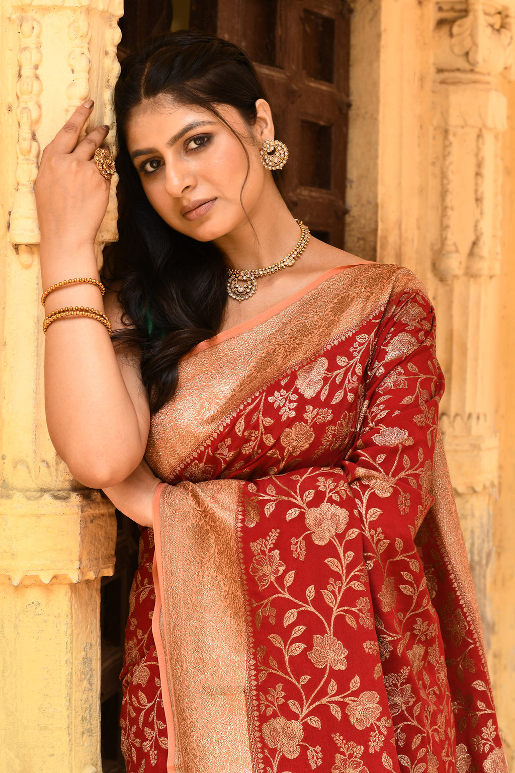 Red Banarasi Crape Chiffon Silk Saree