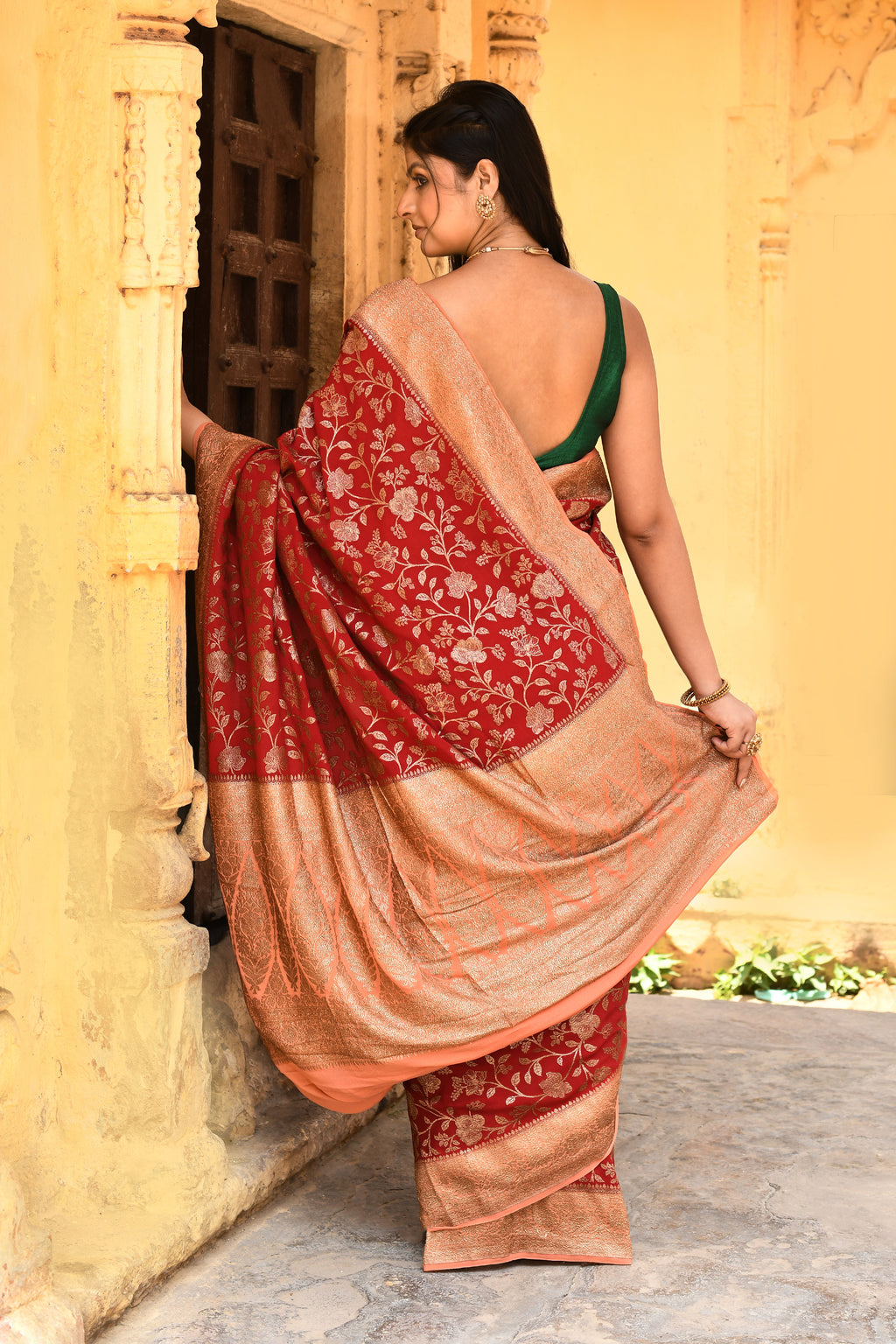 Red Banarasi Crape Chiffon Silk Saree