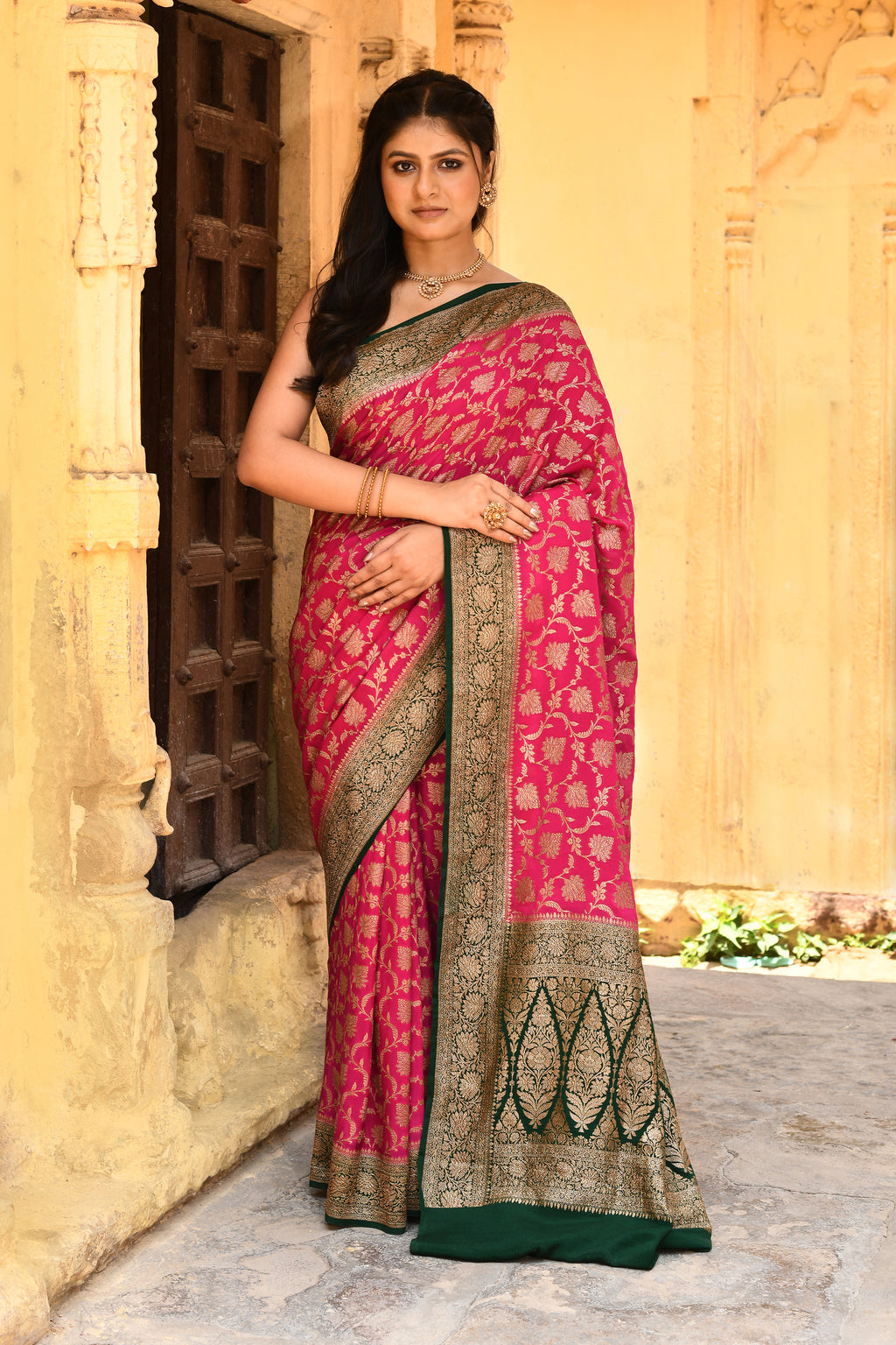 Rose Red Banarasi Crape Chiffon Silk Saree