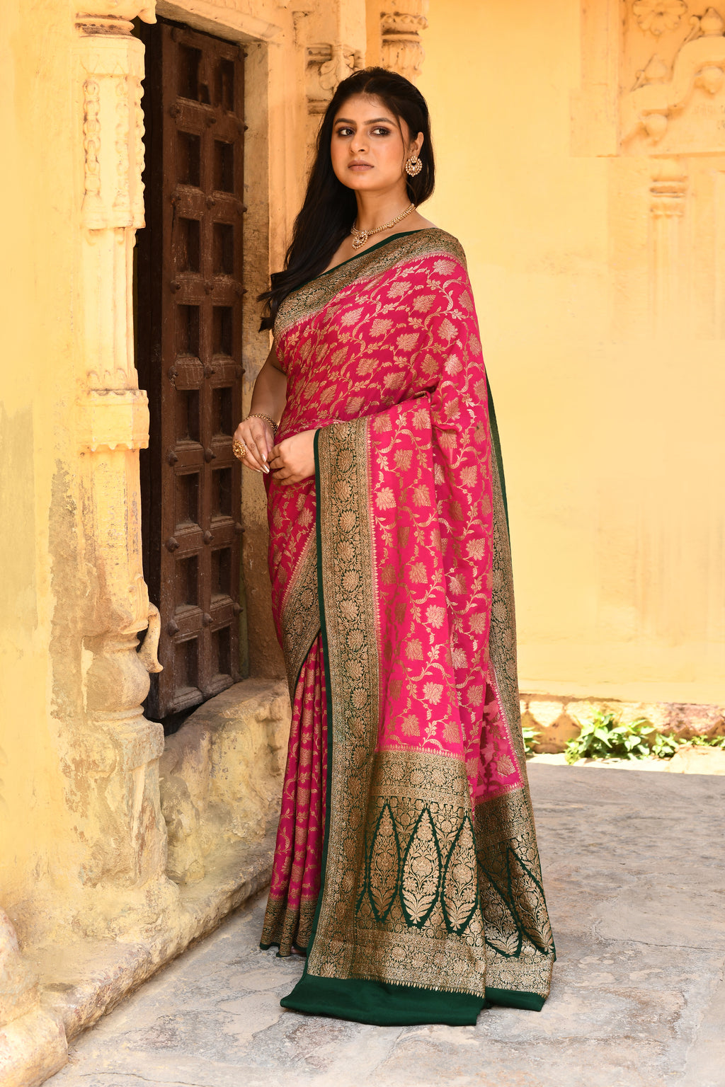 Rose Red Banarasi Crape Chiffon Silk Saree