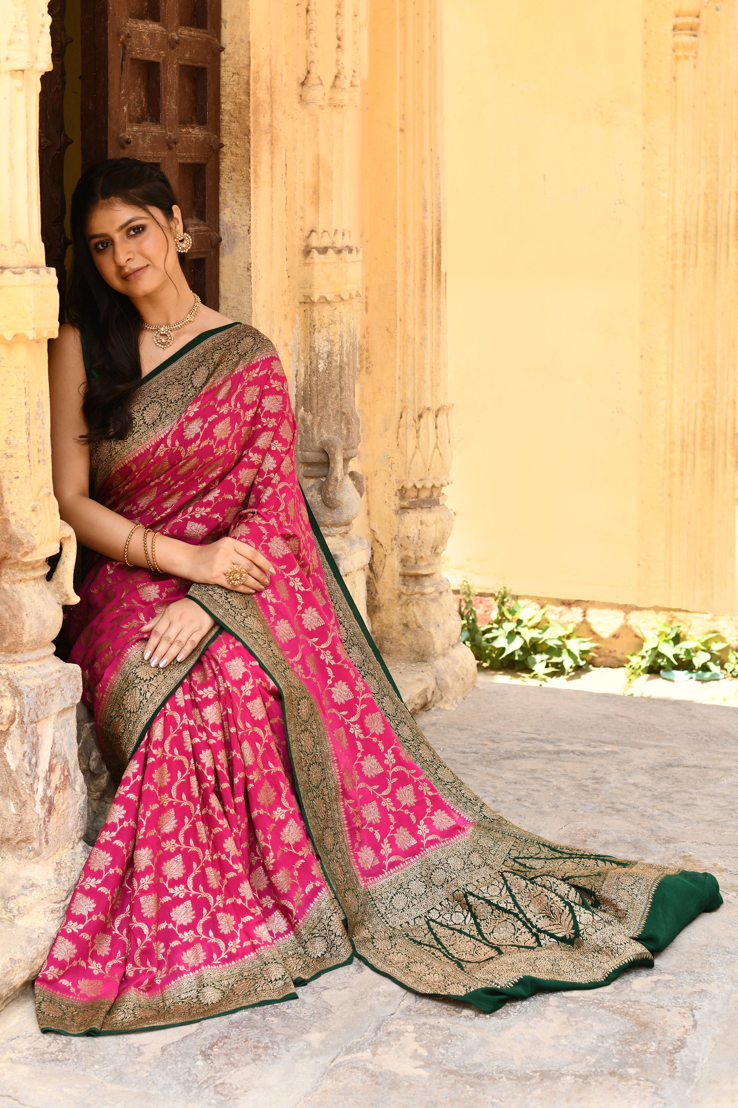 Rose Red Banarasi Crape Chiffon Silk Saree