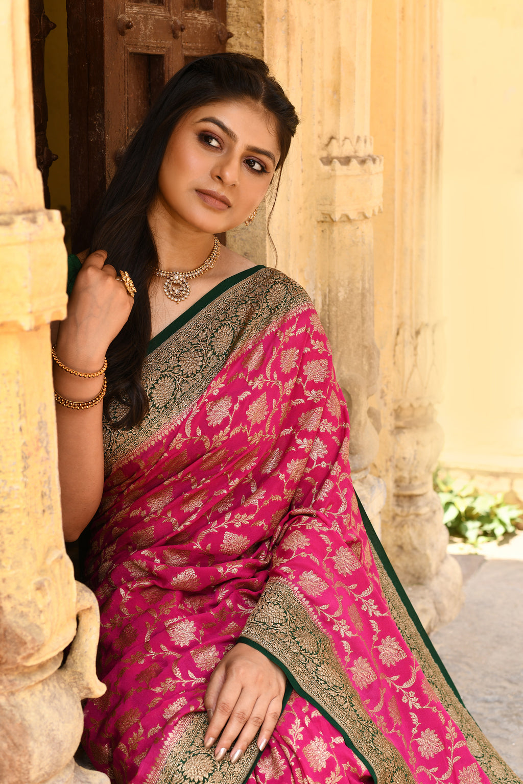 Rose Red Banarasi Crape Chiffon Silk Saree