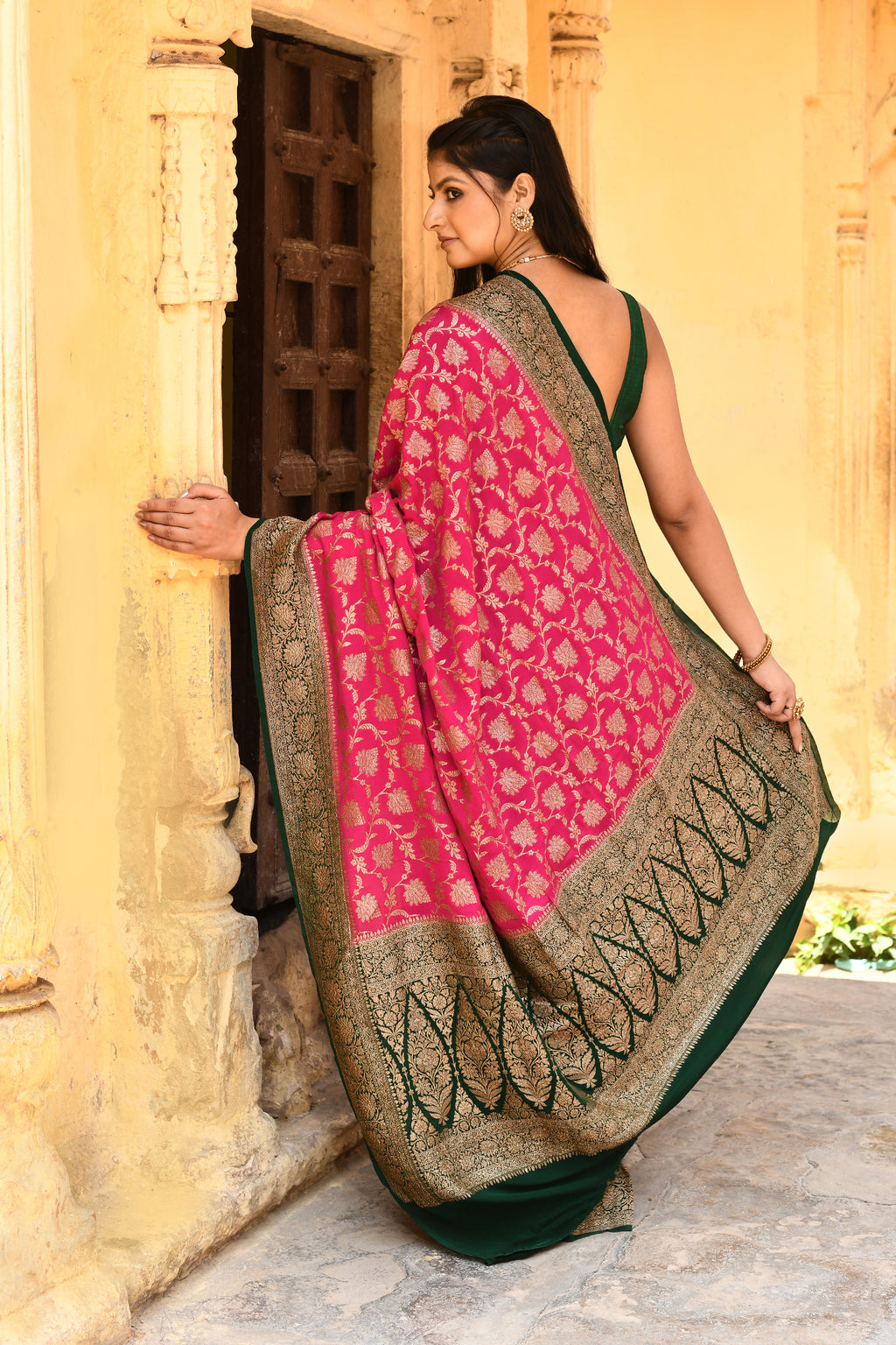 Rose Red Banarasi Crape Chiffon Silk Saree