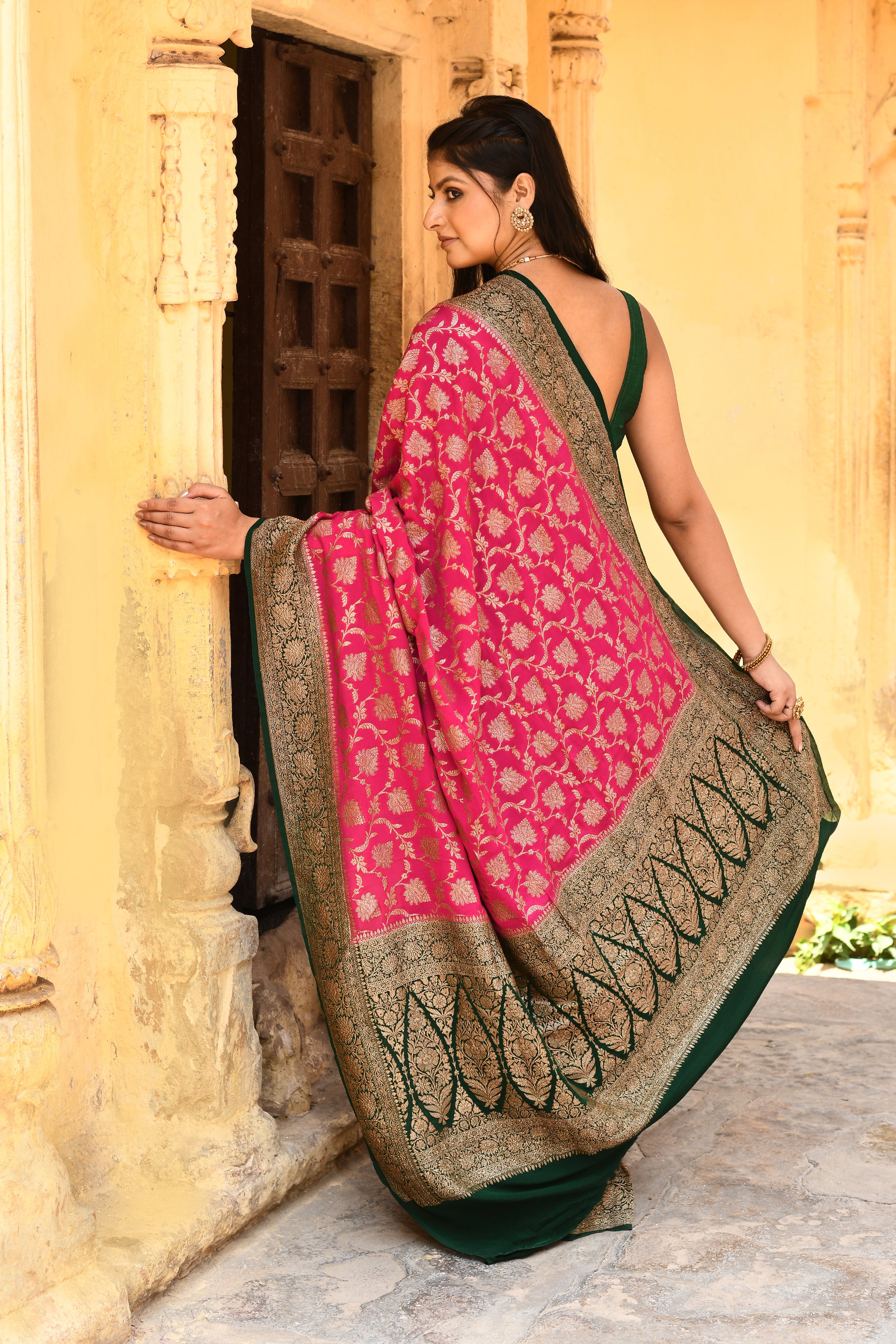 Rose Red Banarasi Crape Chiffon Silk Saree