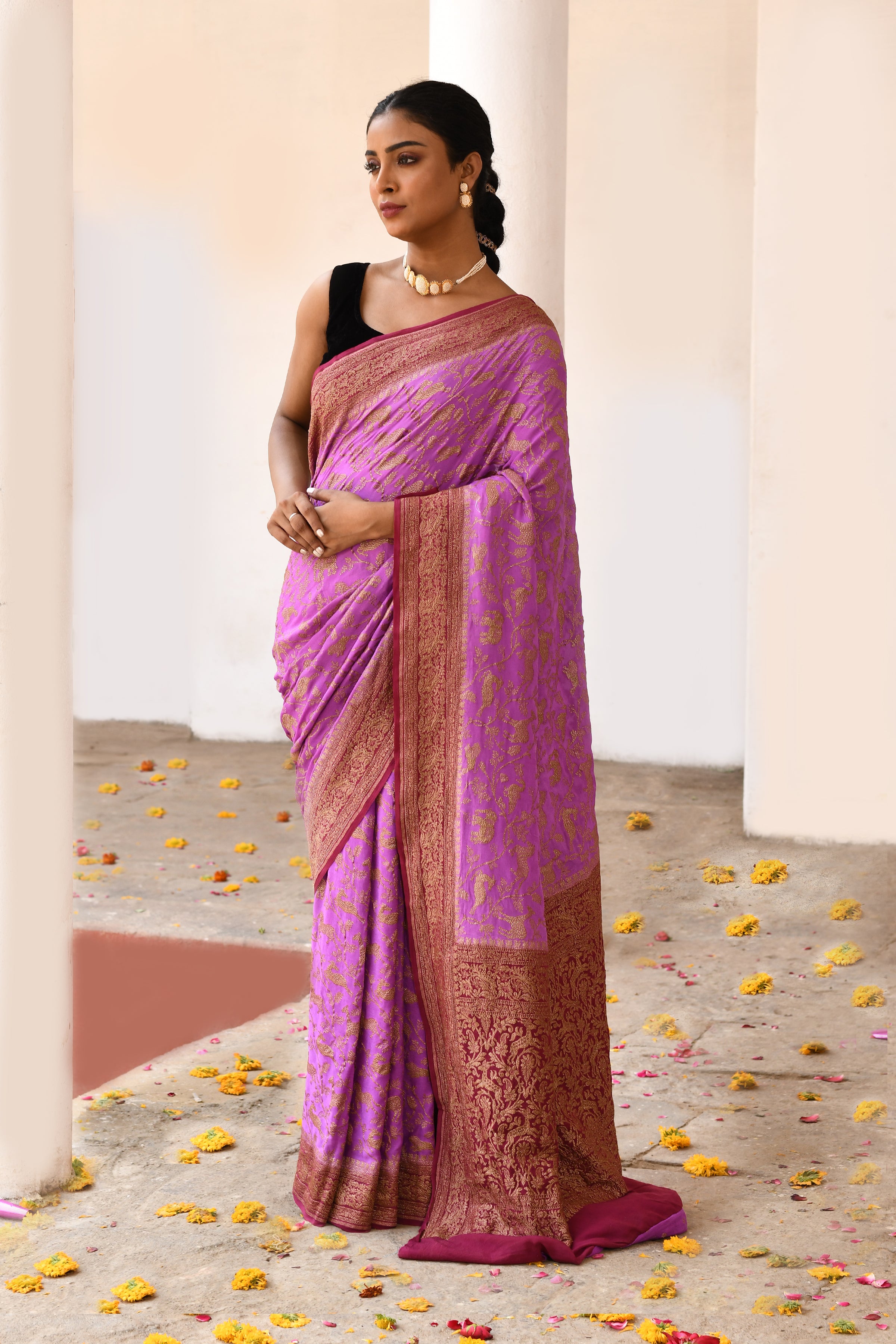 Orchid pink Banarasi Crape Chiffon Silk Saree