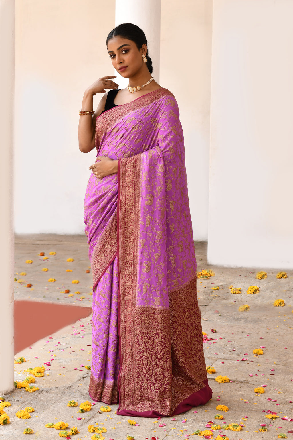 Orchid pink Banarasi Crape Chiffon Silk Saree