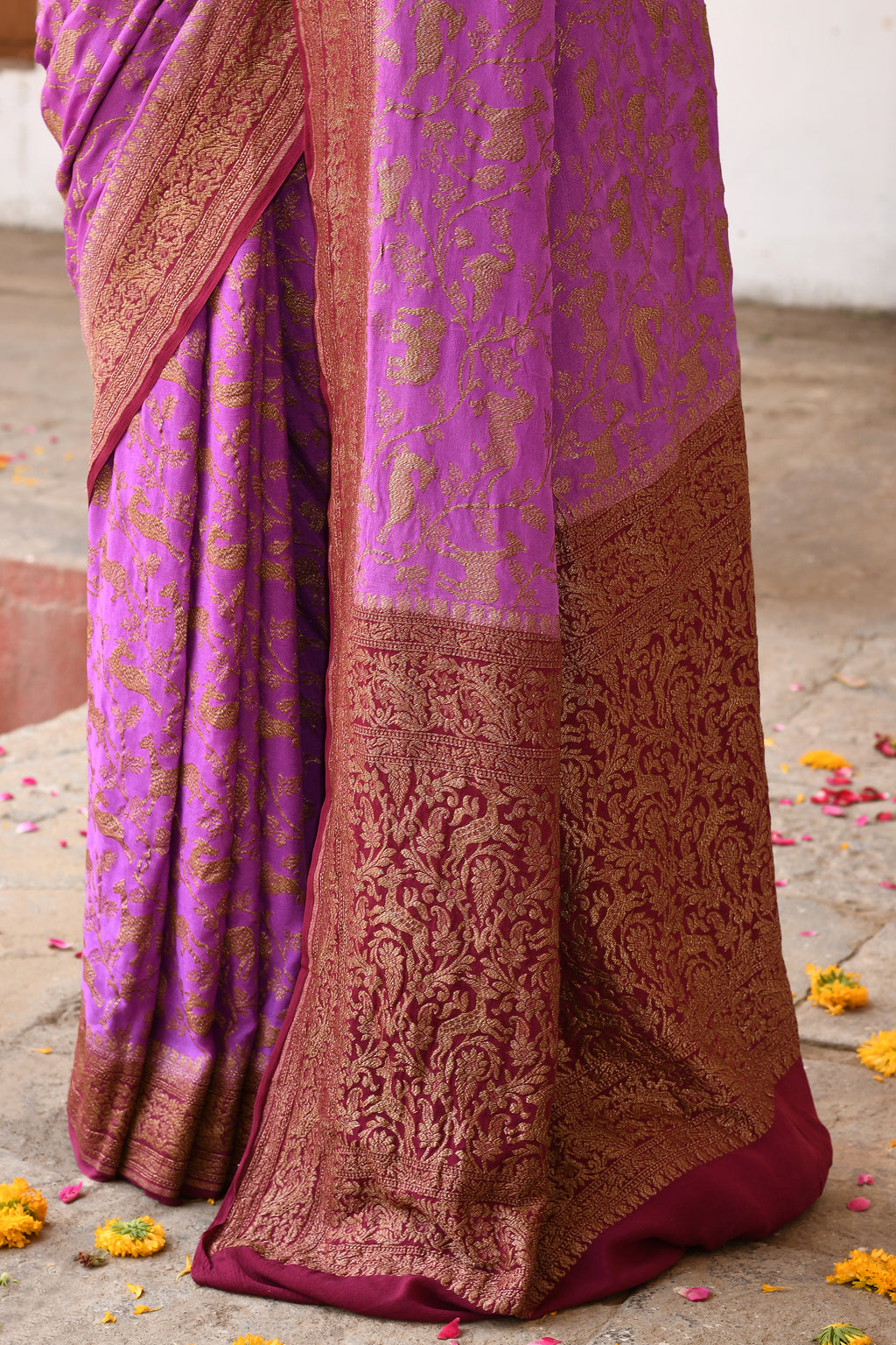 Orchid pink Banarasi Crape Chiffon Silk Saree