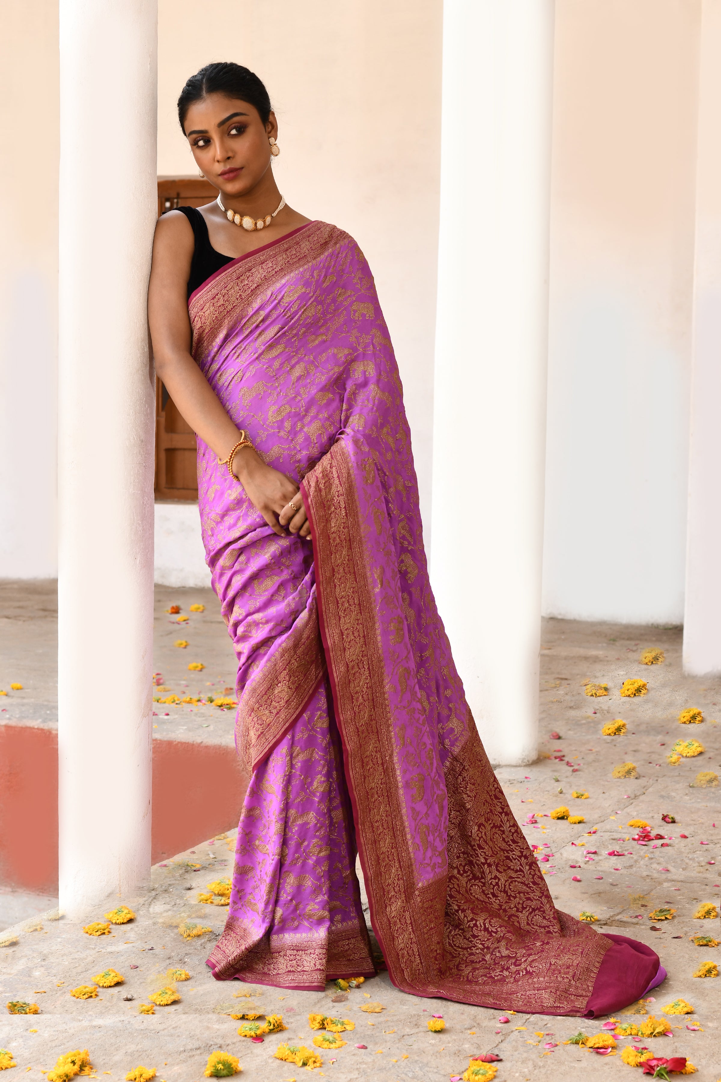 Orchid pink Banarasi Crape Chiffon Silk Saree