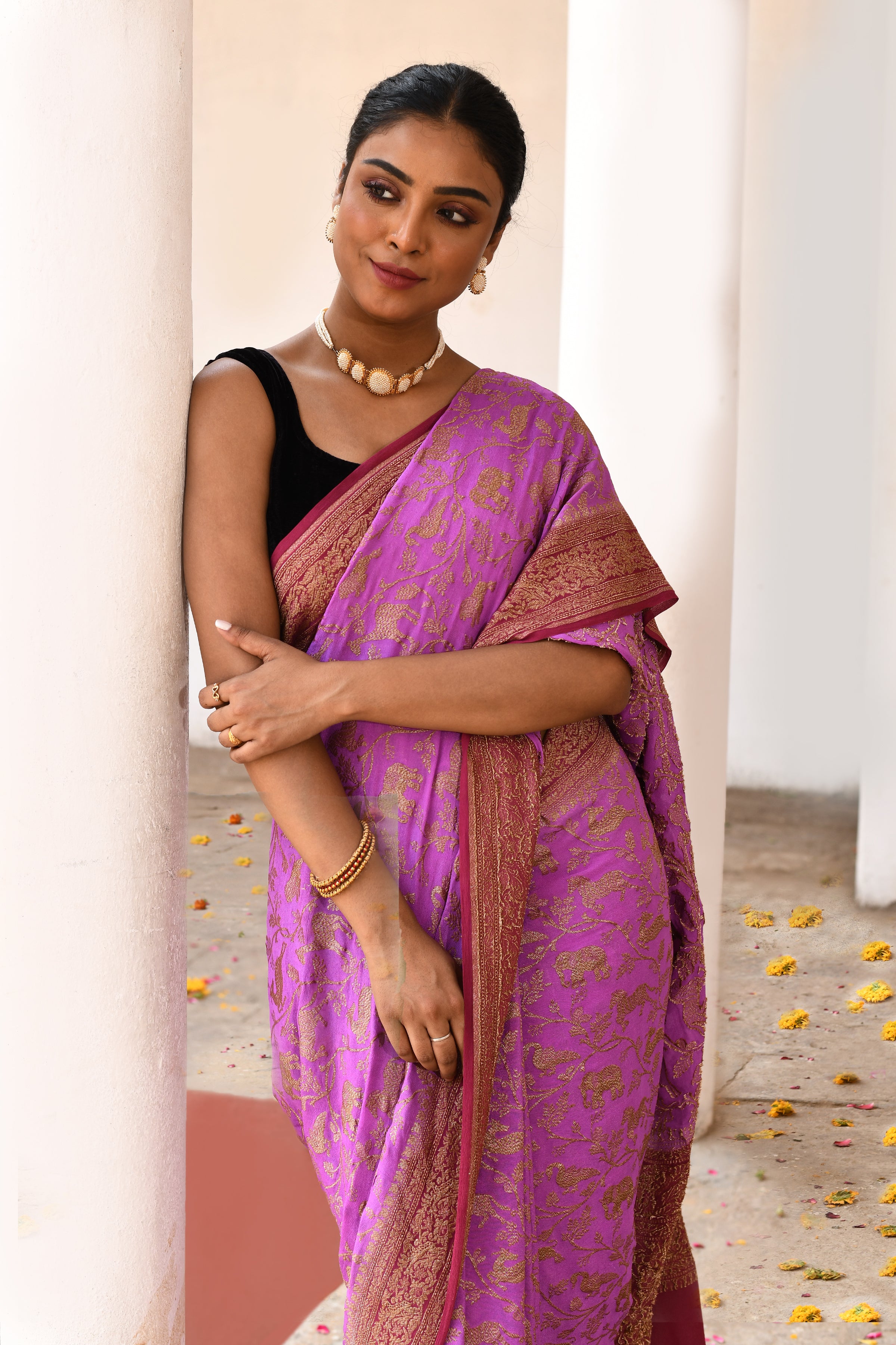 Orchid pink Banarasi Crape Chiffon Silk Saree