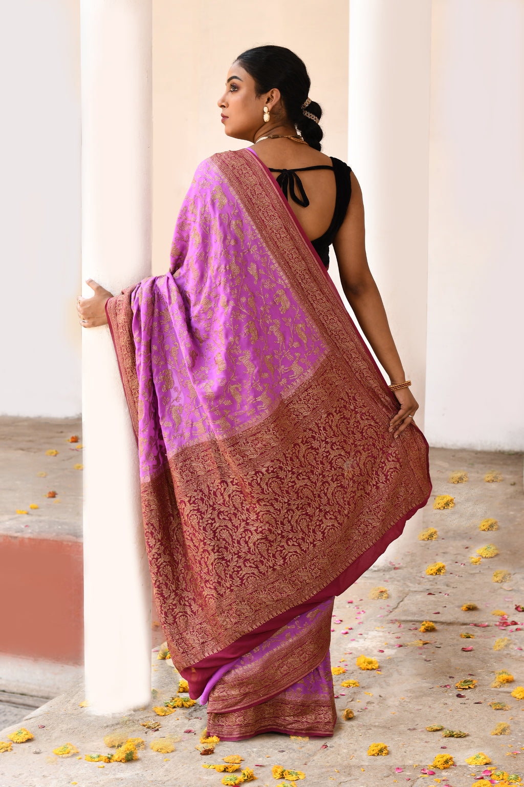 Orchid pink Banarasi Crape Chiffon Silk Saree