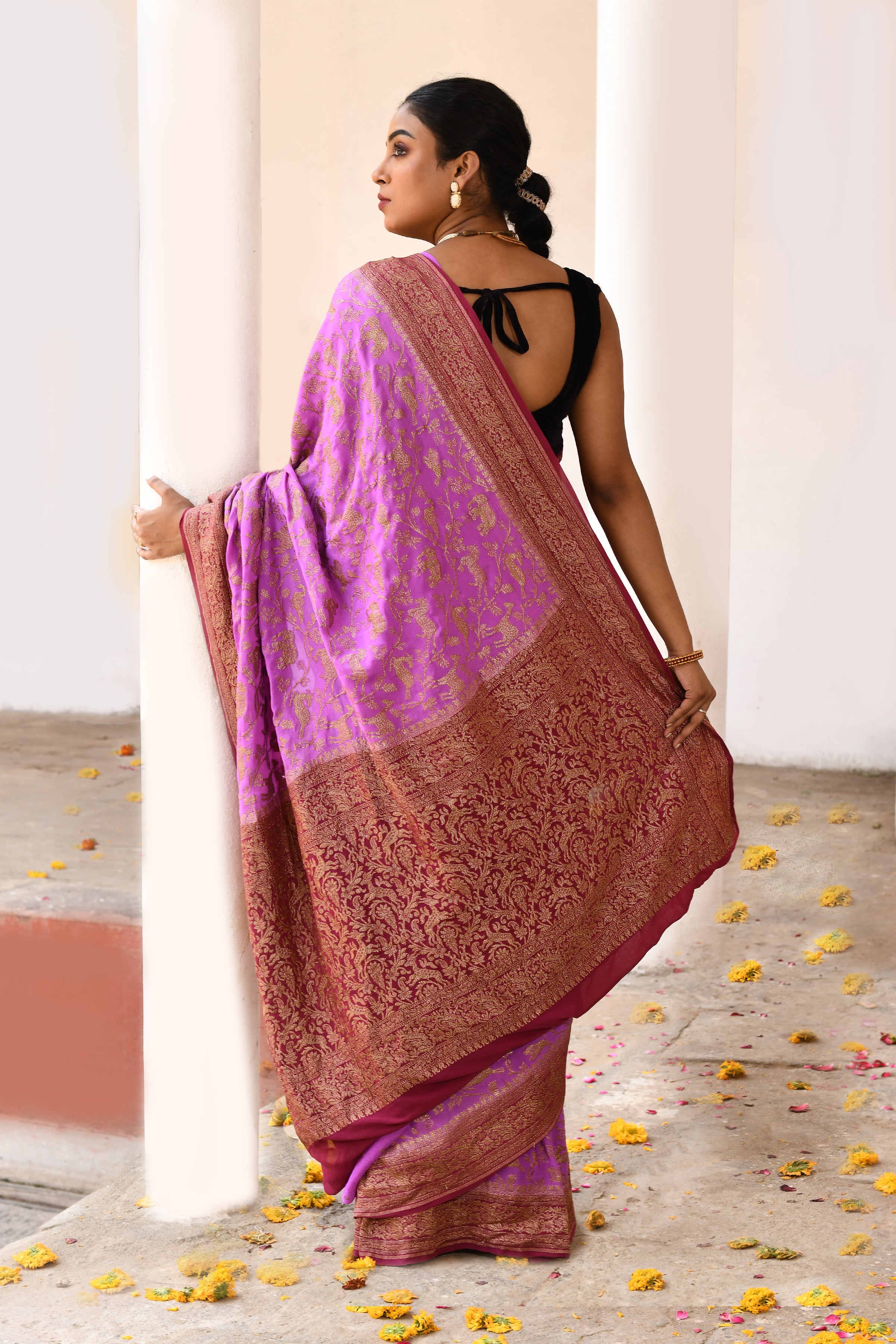 Orchid pink Banarasi Crape Chiffon Silk Saree