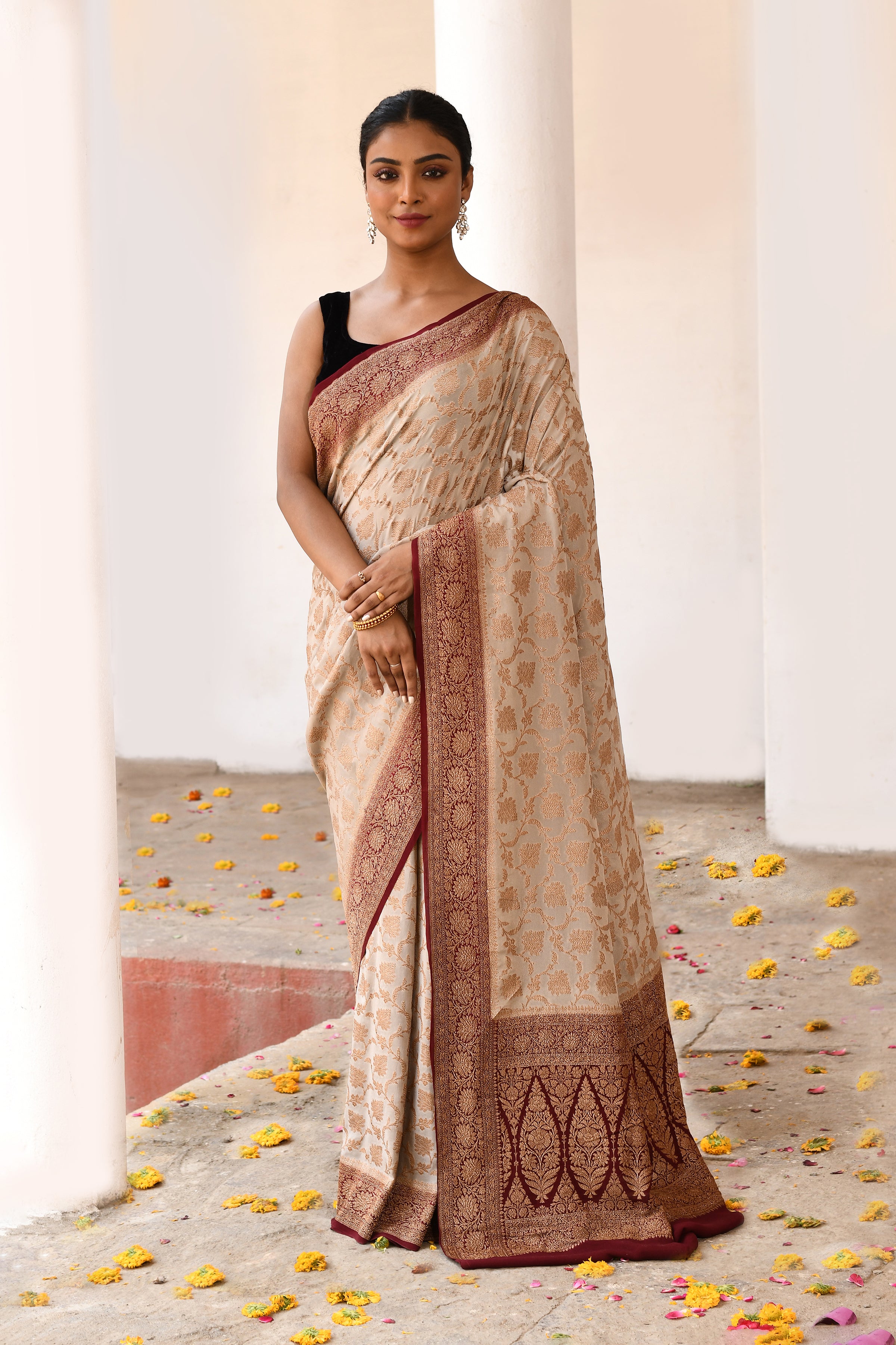 Beige Banarasi Crape Chiffon Silk Saree
