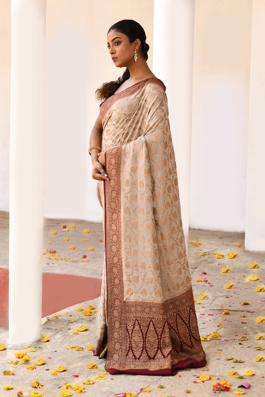 Beige Banarasi Crape Chiffon Silk Saree