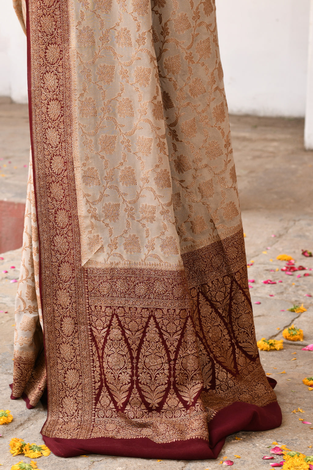 Beige Banarasi Crape Chiffon Silk Saree