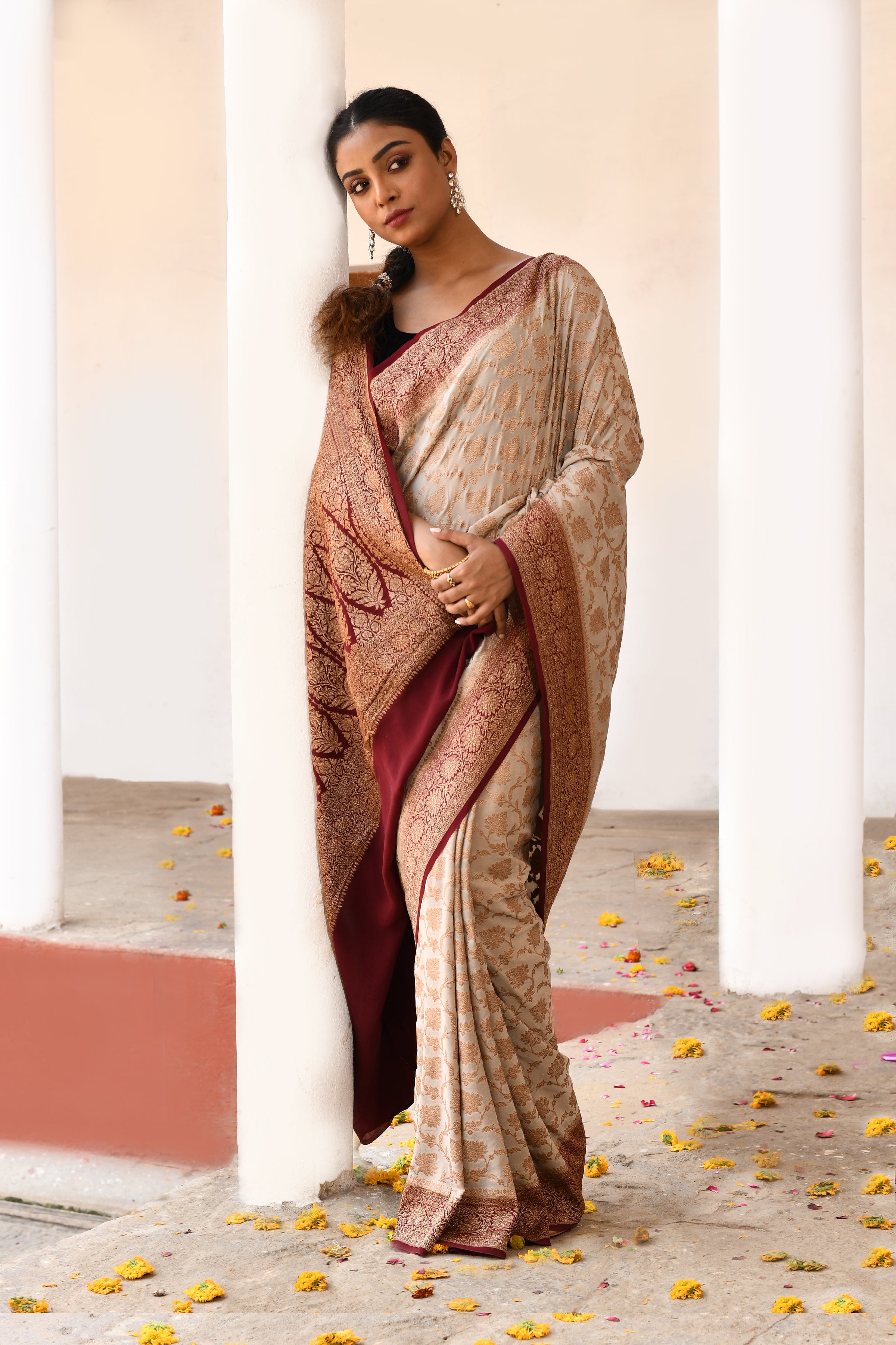 Beige Banarasi Crape Chiffon Silk Saree