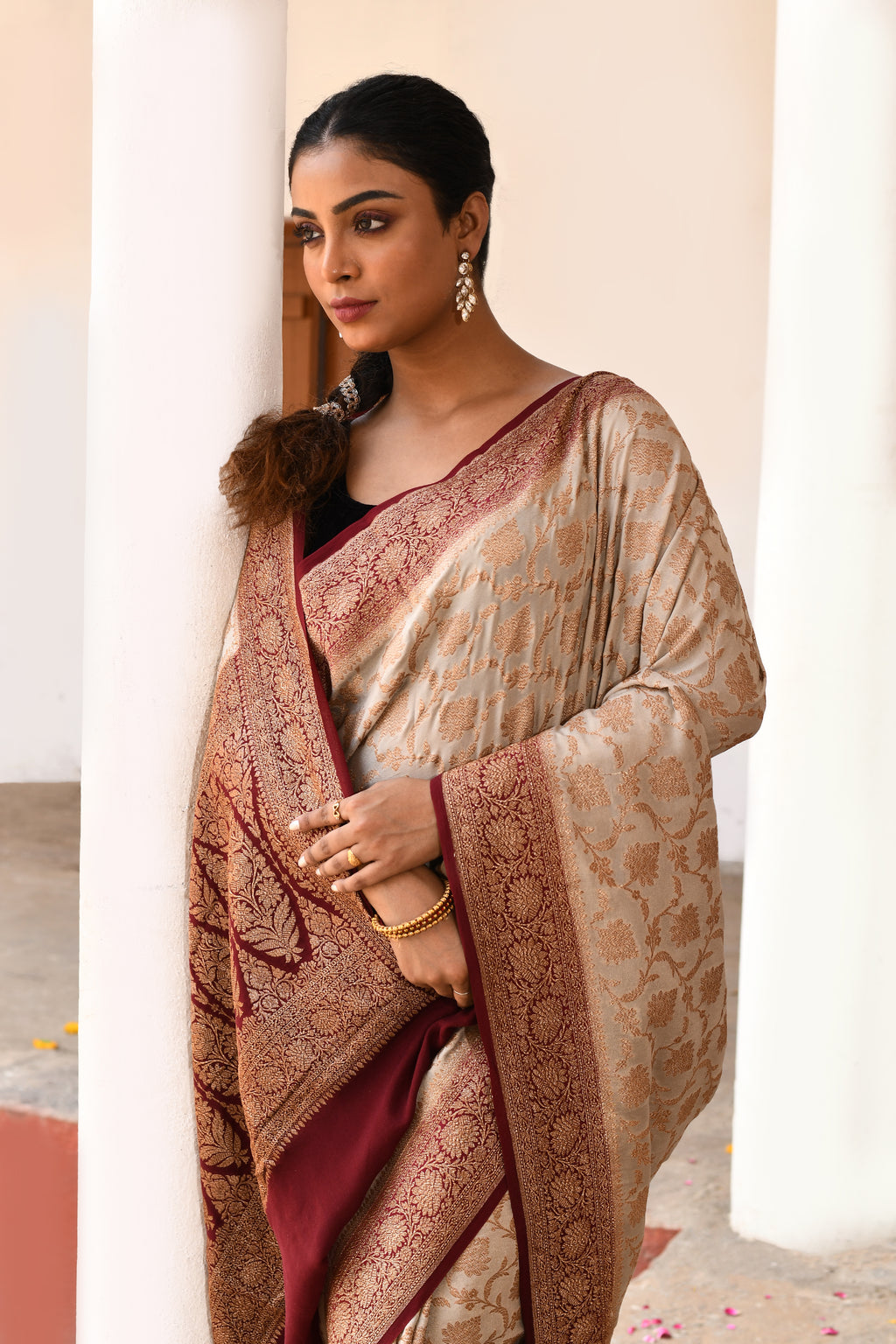 Beige Banarasi Crape Chiffon Silk Saree