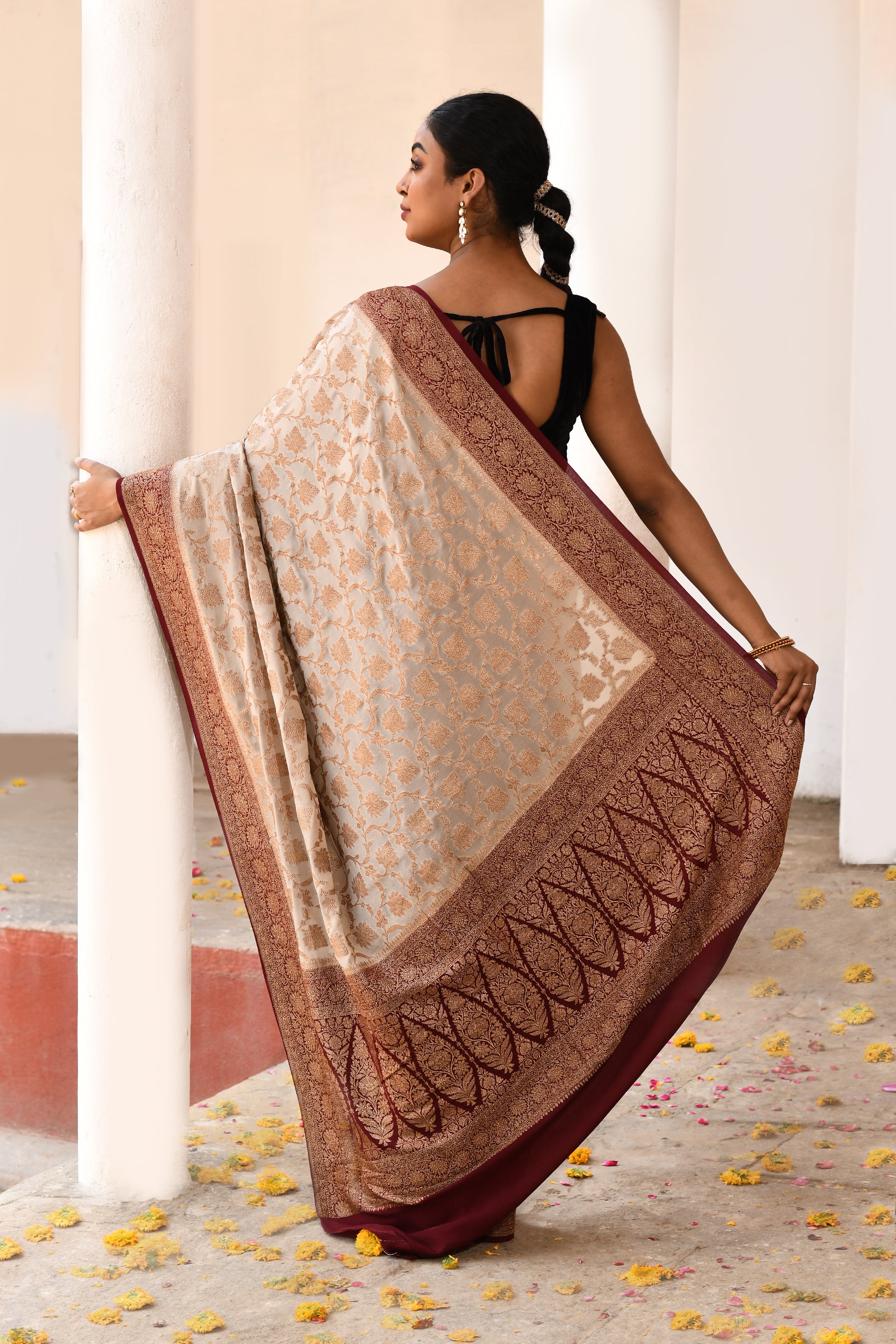 Beige Banarasi Crape Chiffon Silk Saree
