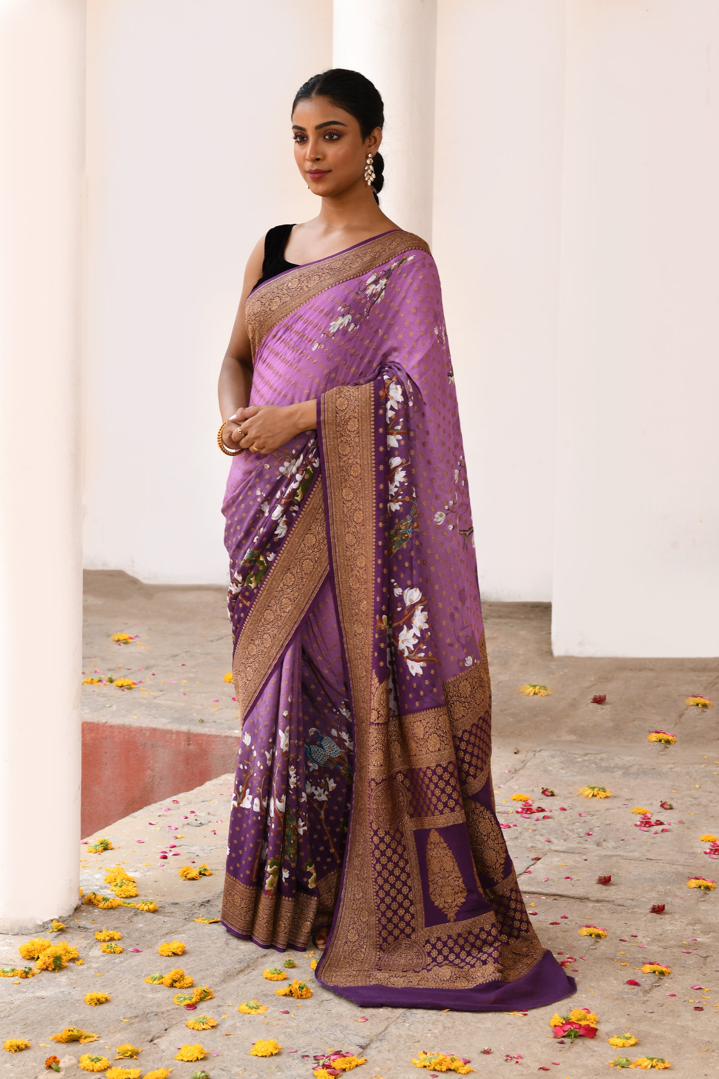 Plum Purple Banarasi Crape Chiffon Silk Saree