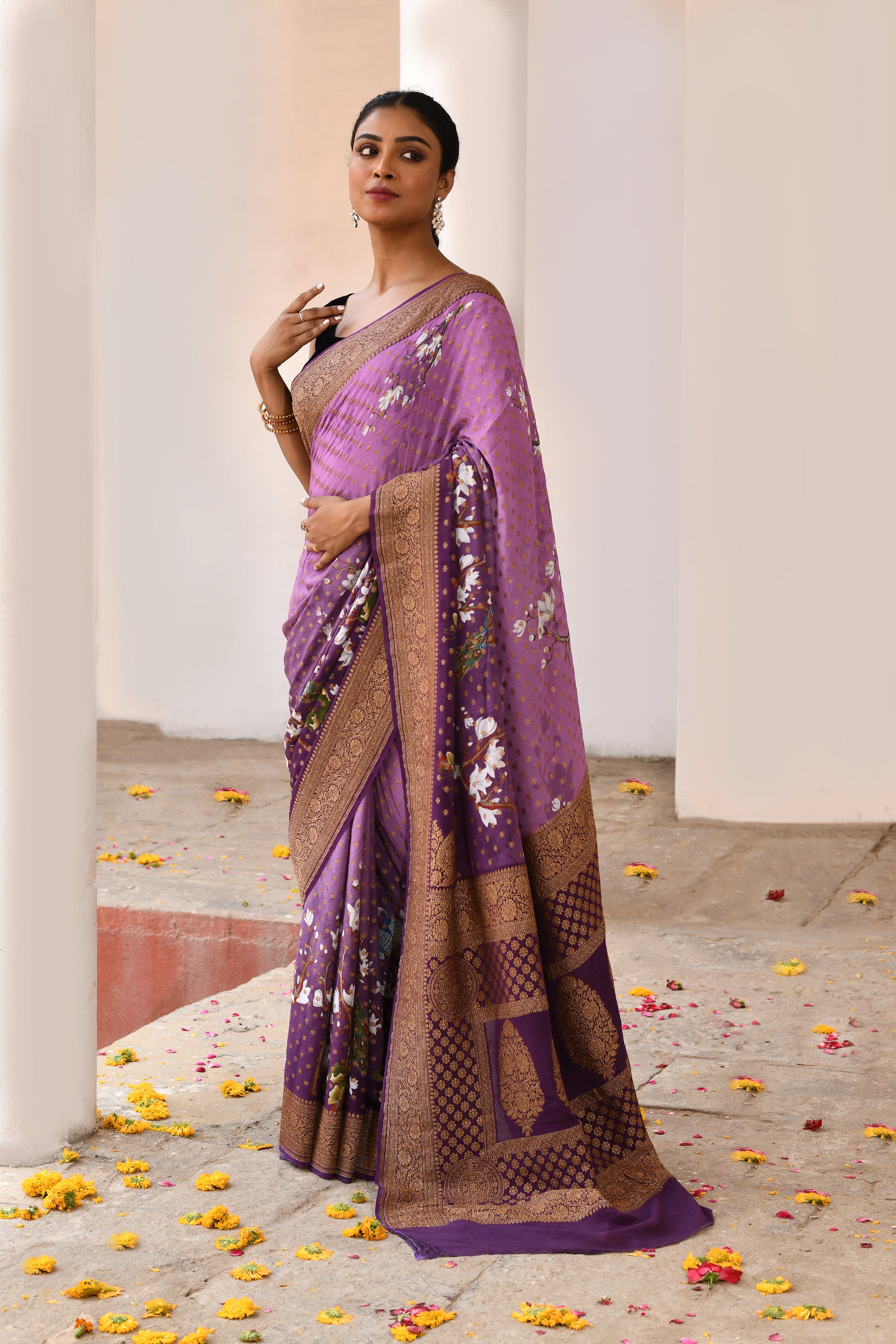 Plum Purple Banarasi Crape Chiffon Silk Saree