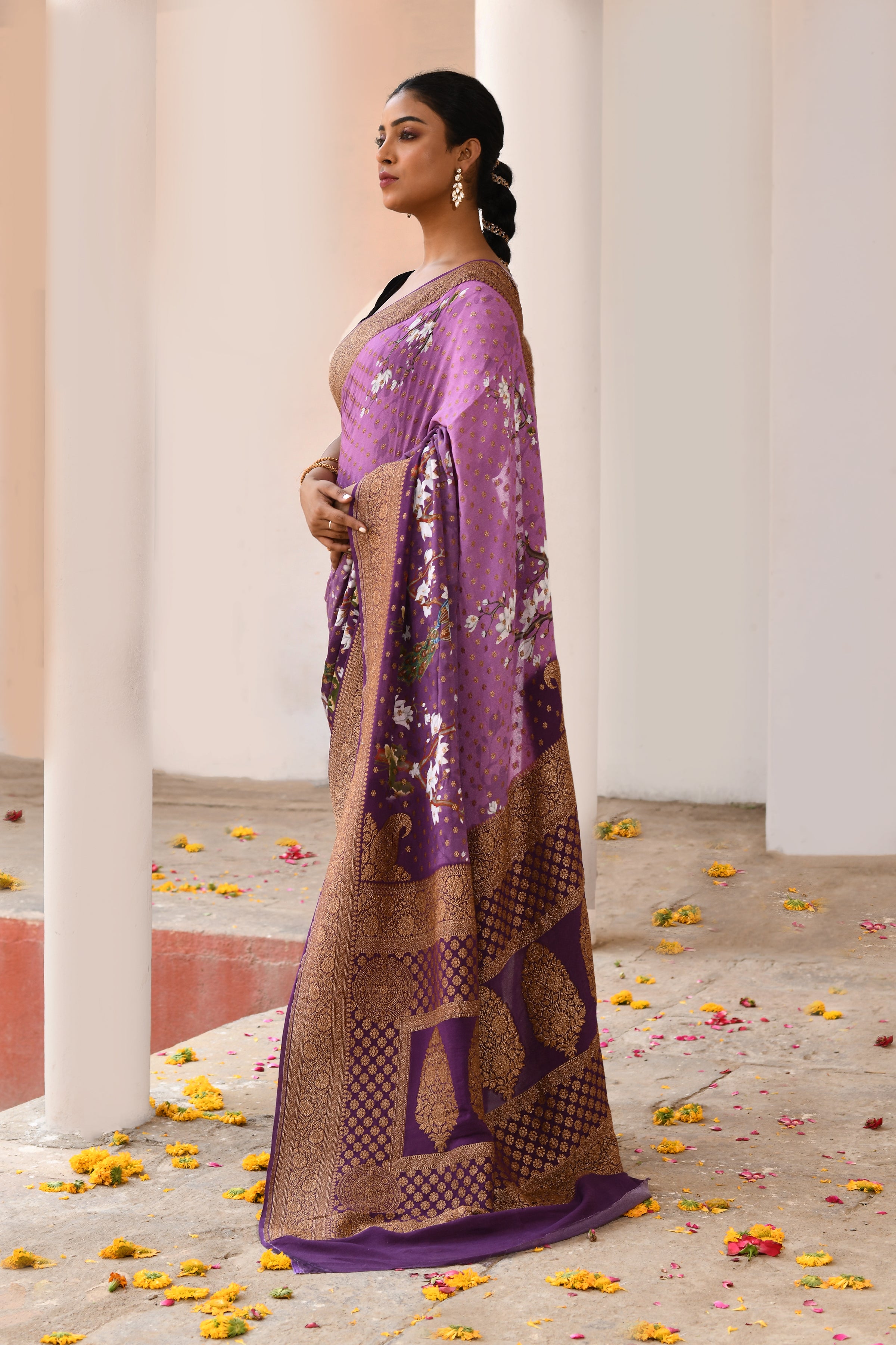 Plum Purple Banarasi Crape Chiffon Silk Saree