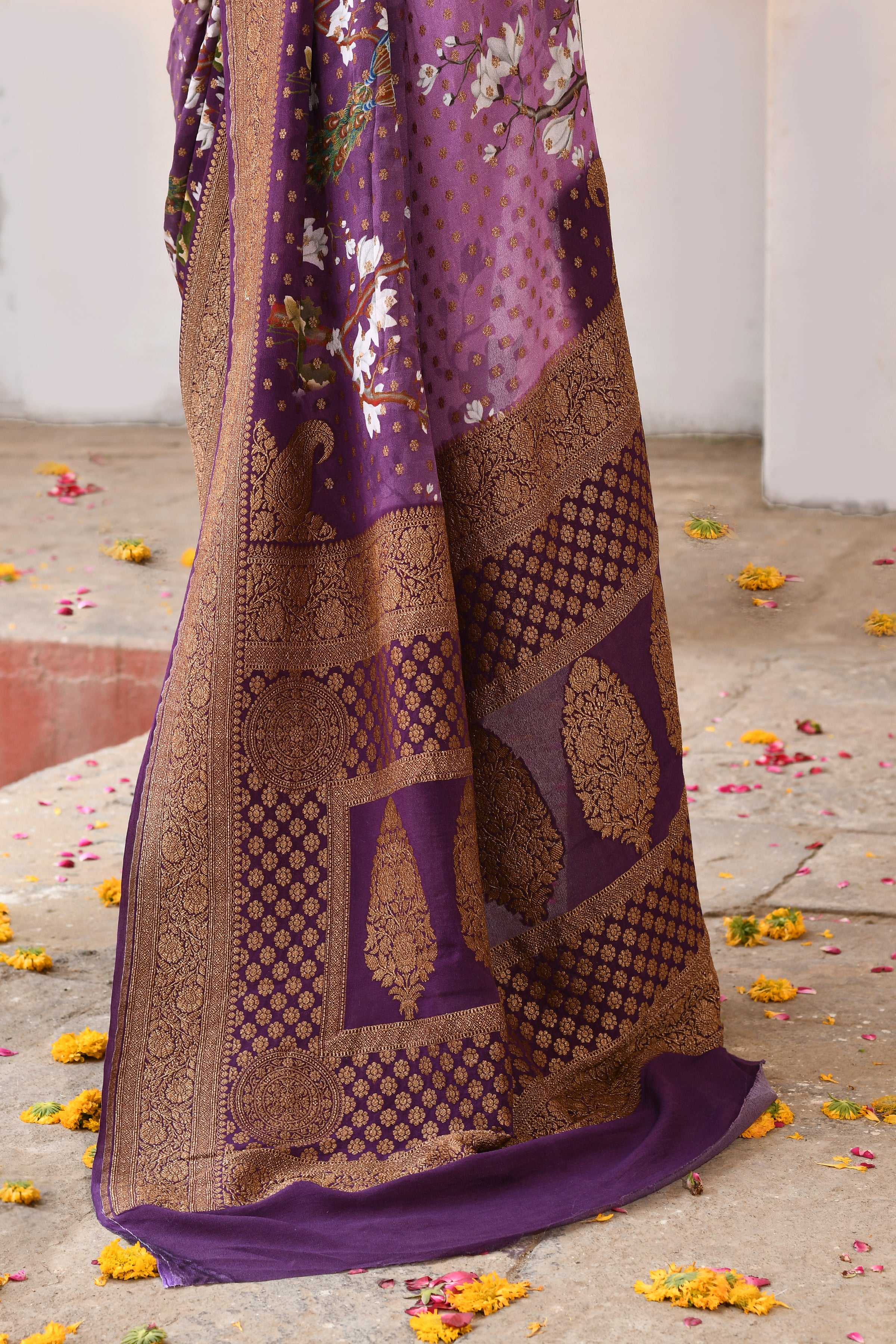 Plum Purple Banarasi Crape Chiffon Silk Saree