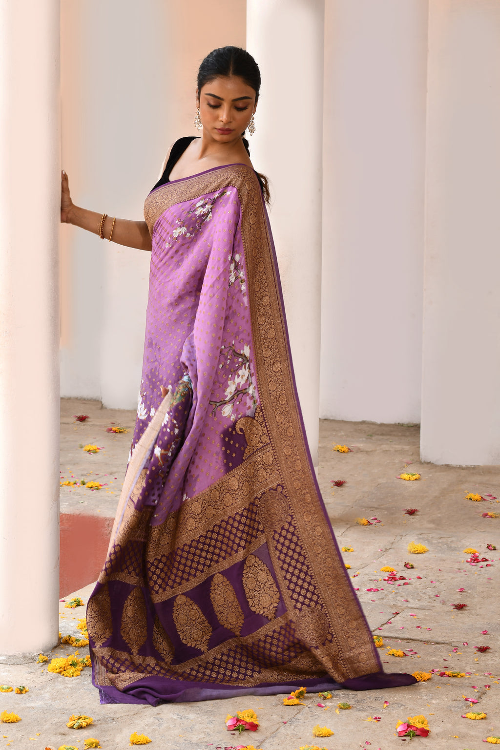 Plum Purple Banarasi Crape Chiffon Silk Saree