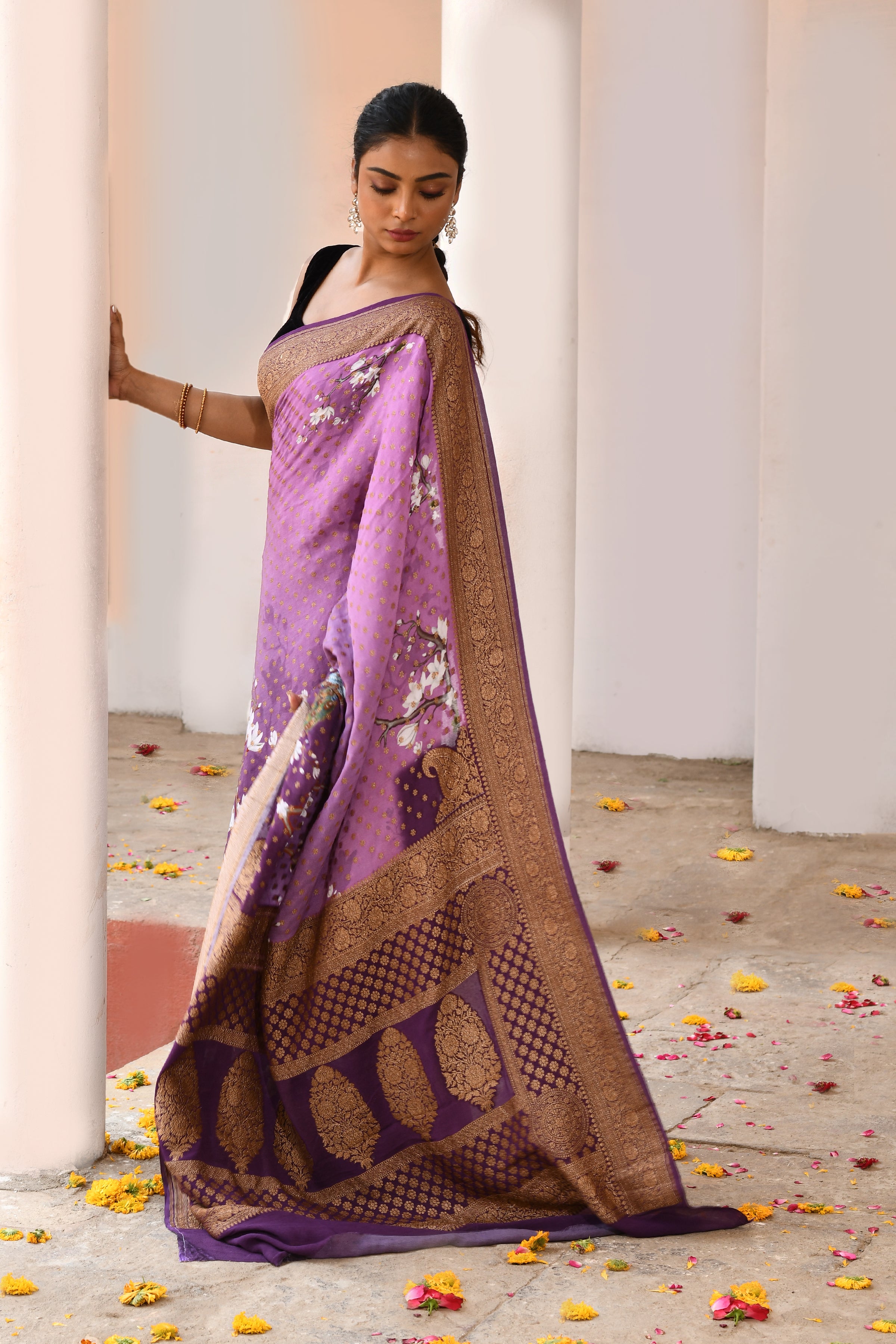 Plum Purple Banarasi Crape Chiffon Silk Saree