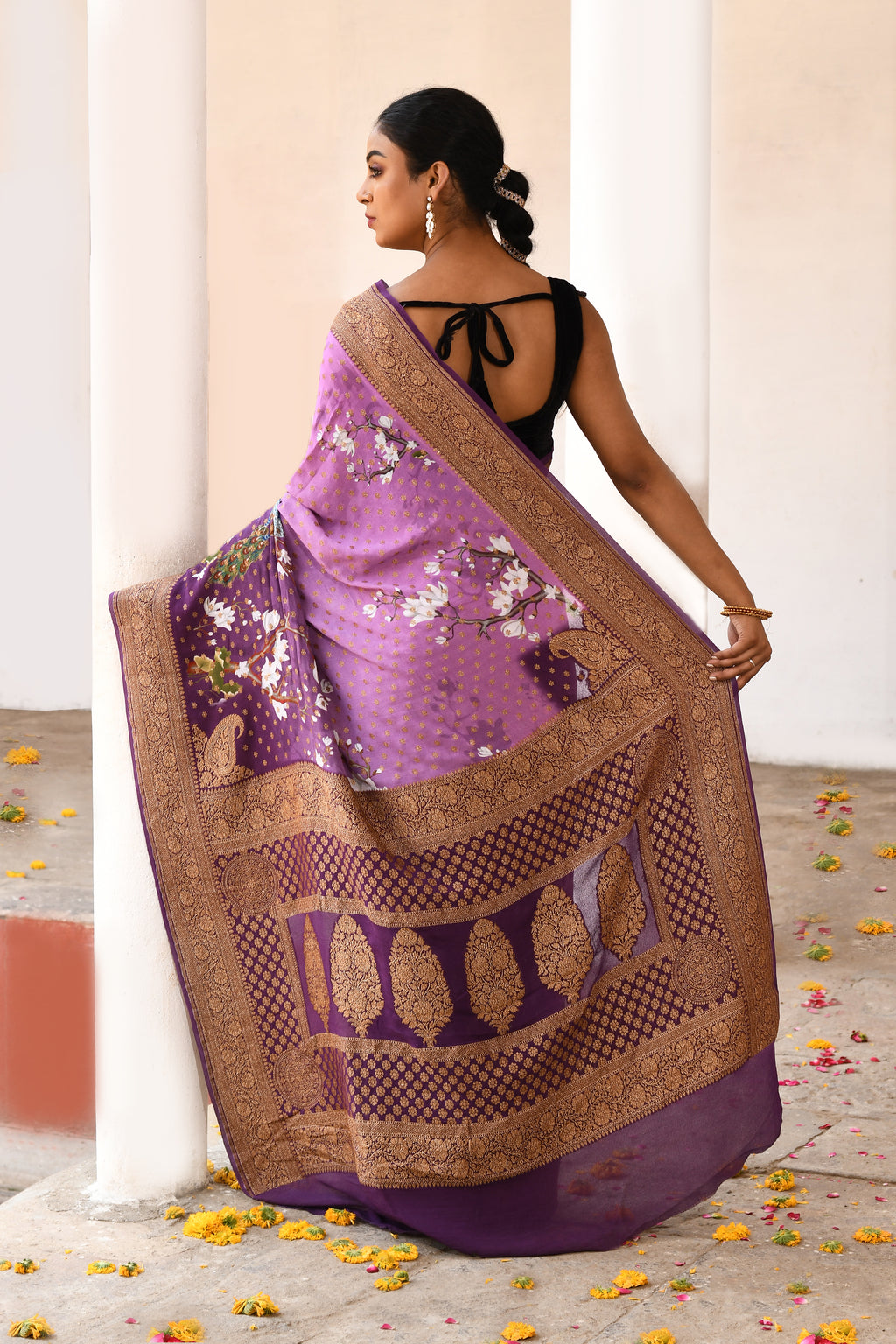 Plum Purple Banarasi Crape Chiffon Silk Saree