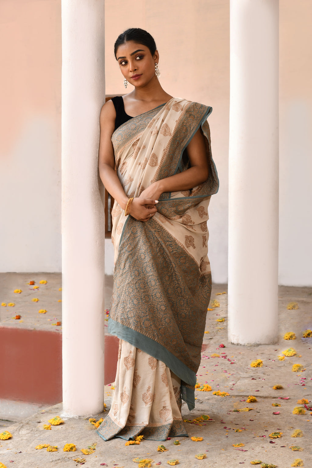 Ivory Banarasi Crape Chiffon Silk Saree