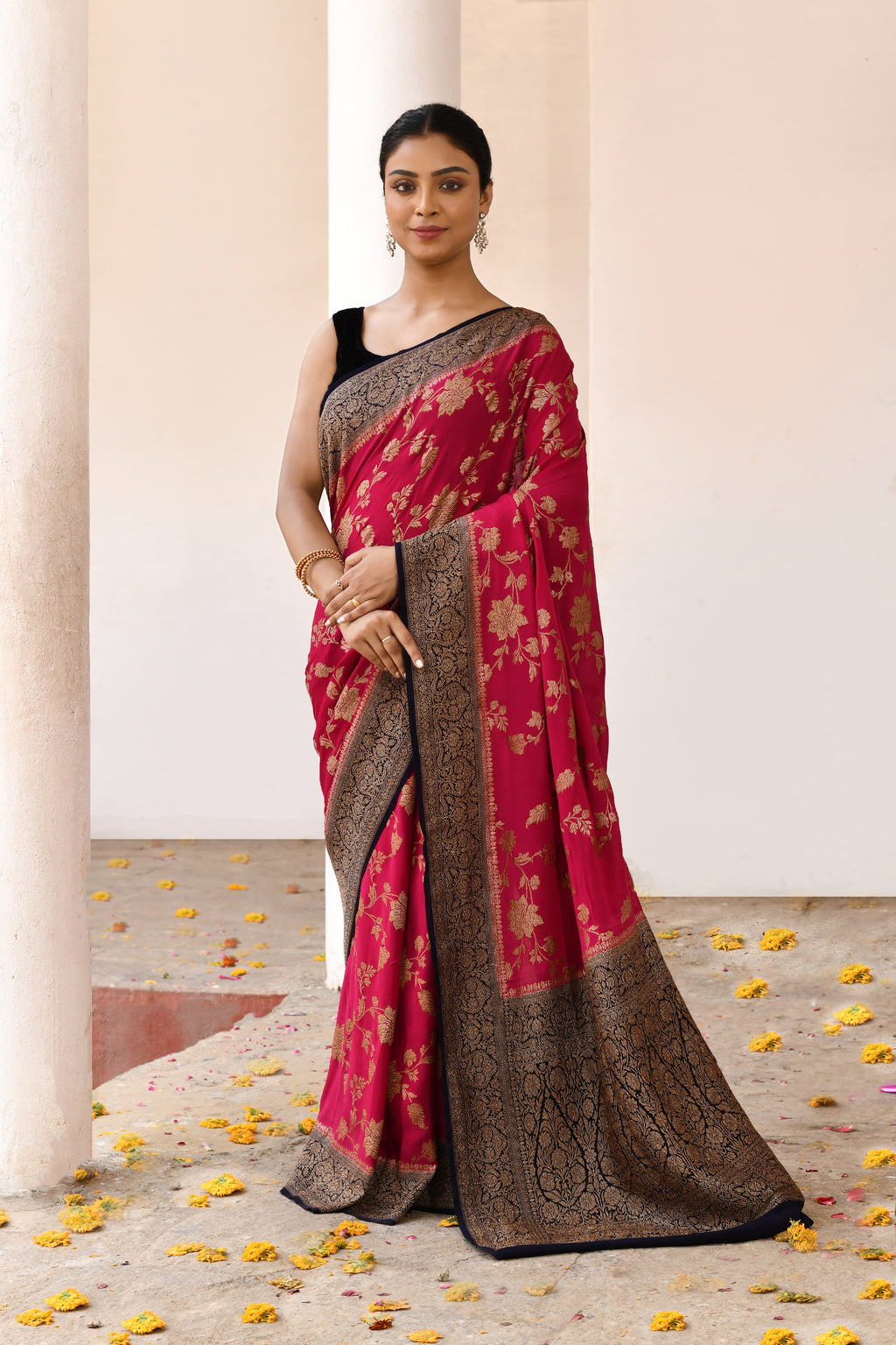 Fuchsia Banarasi Crape Chiffon Silk Saree