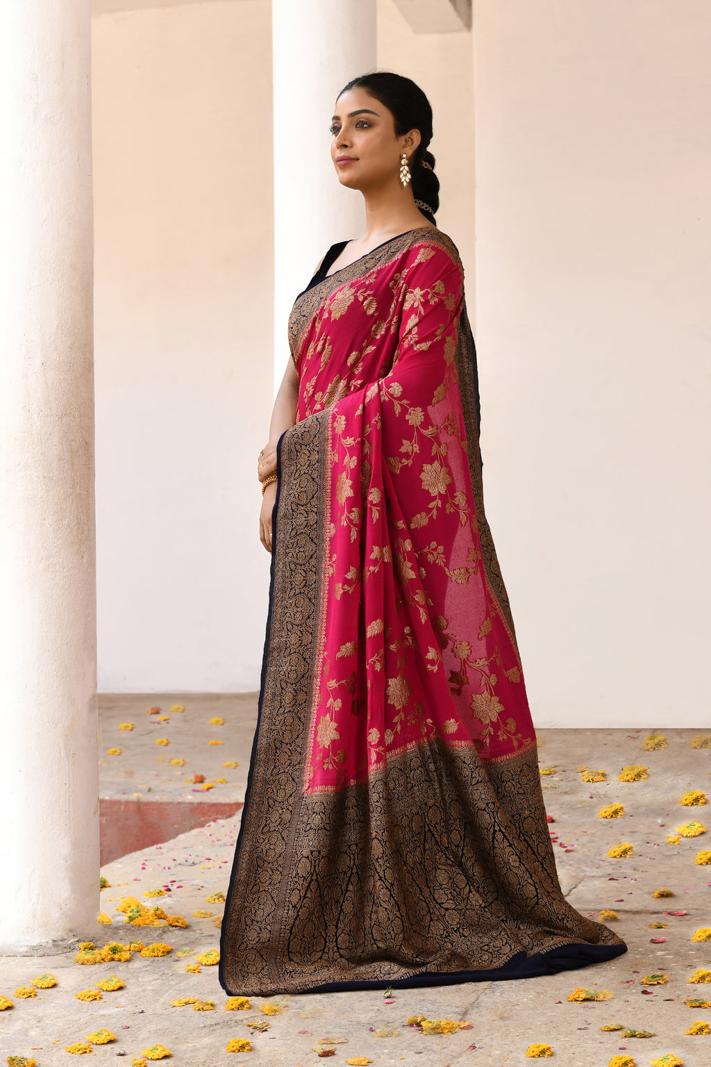 Fuchsia Banarasi Crape Chiffon Silk Saree