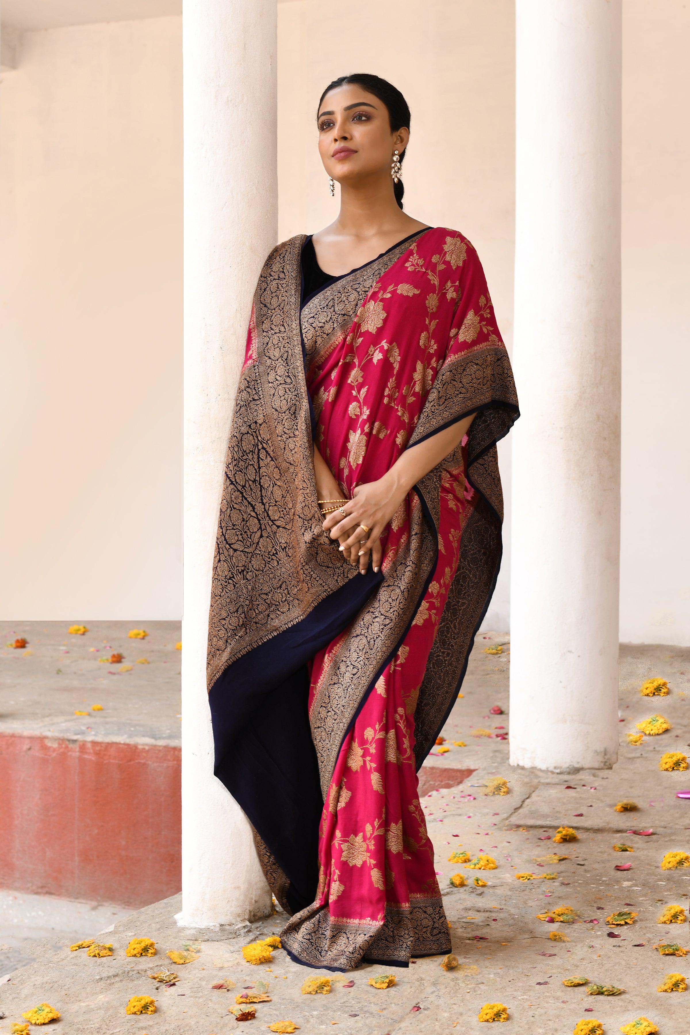 Fuchsia Banarasi Crape Chiffon Silk Saree