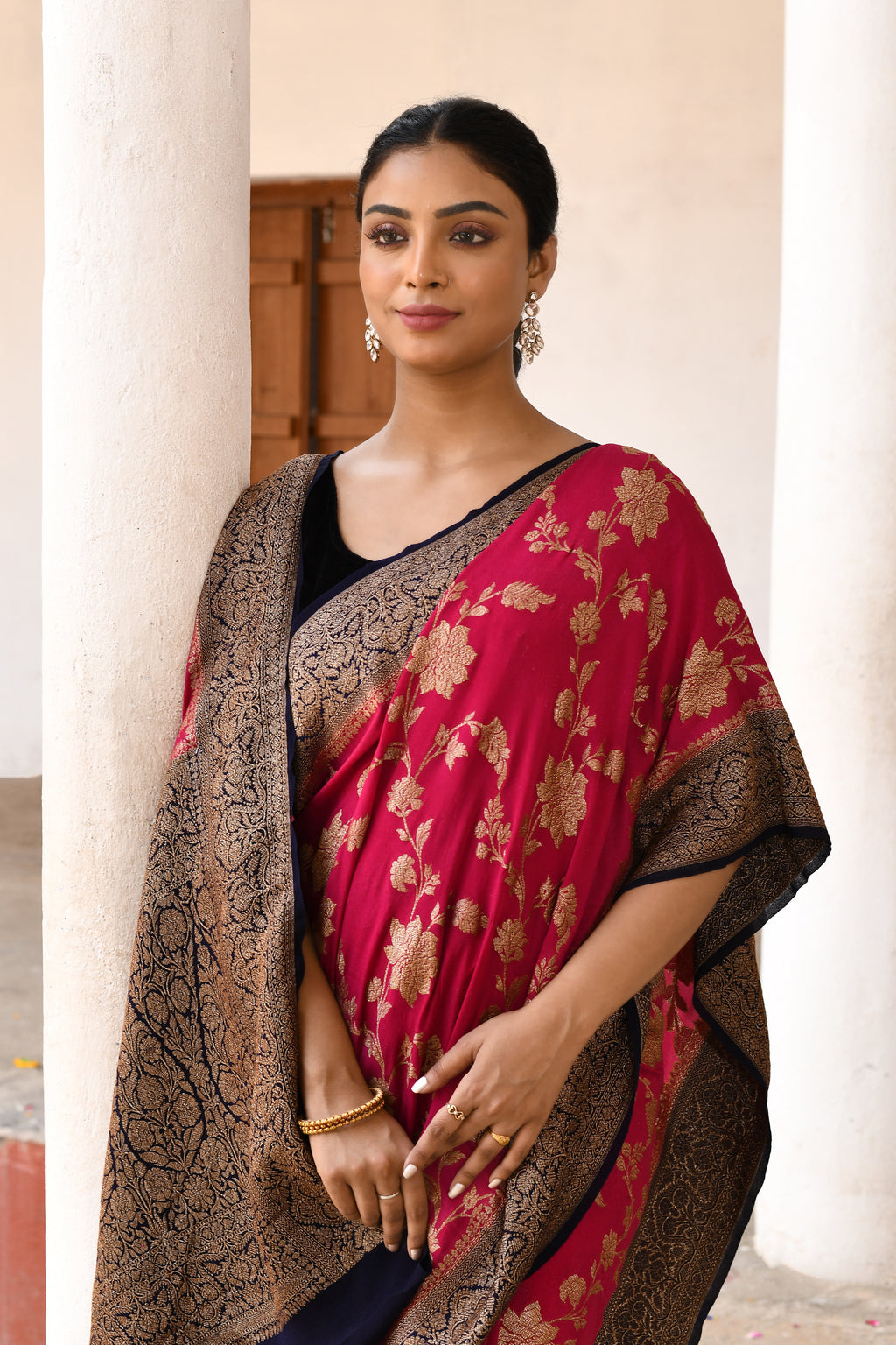 Fuchsia Banarasi Crape Chiffon Silk Saree