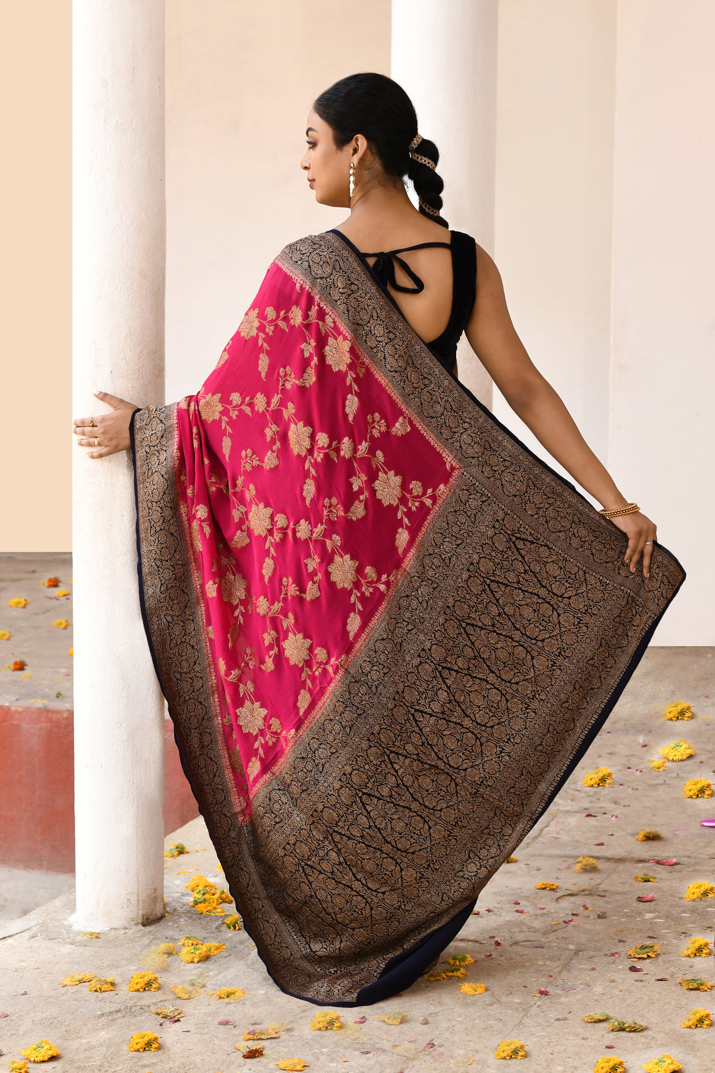 Fuchsia Banarasi Crape Chiffon Silk Saree