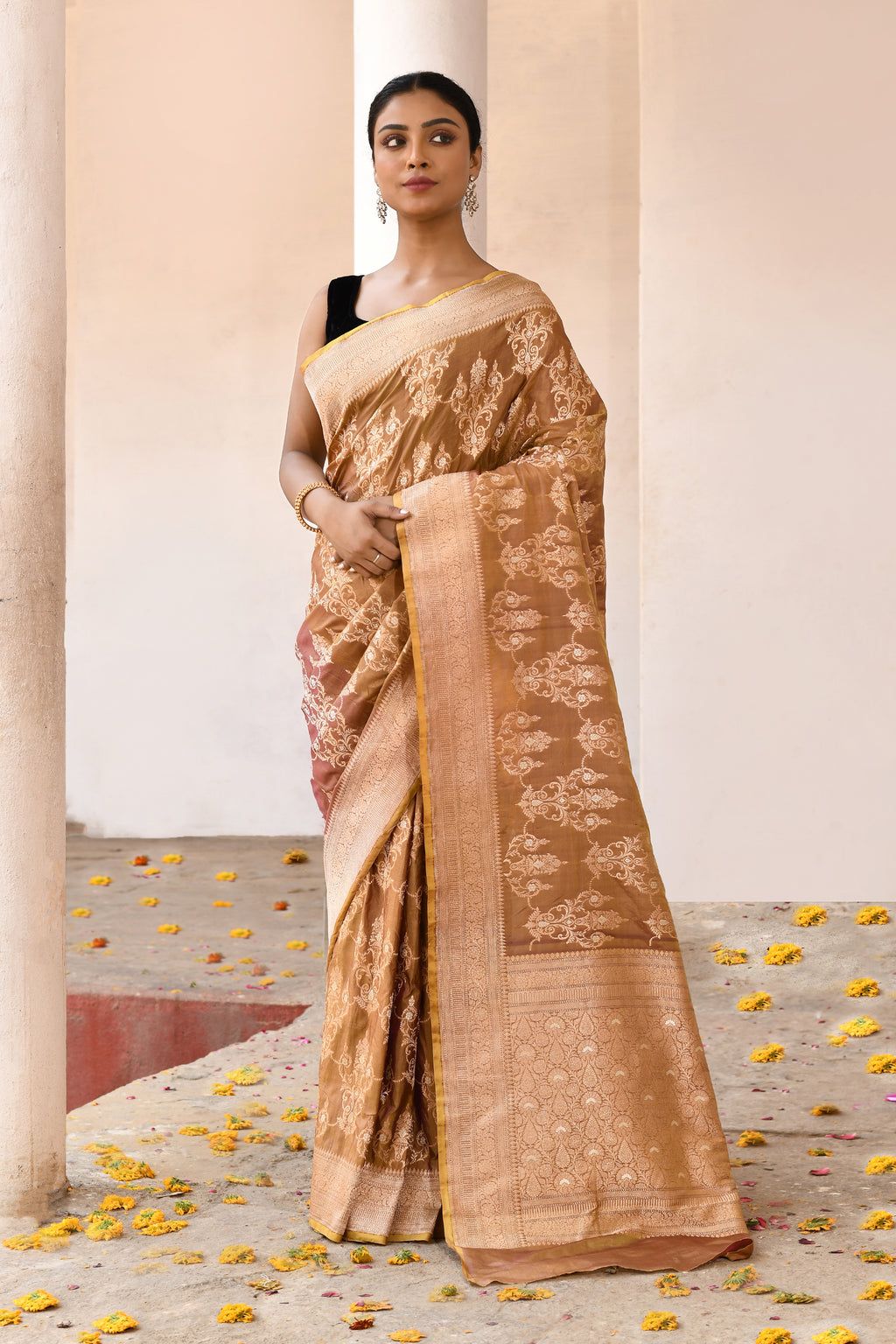 Golden Olive Handwoven Banarasi Katan Silk Saree