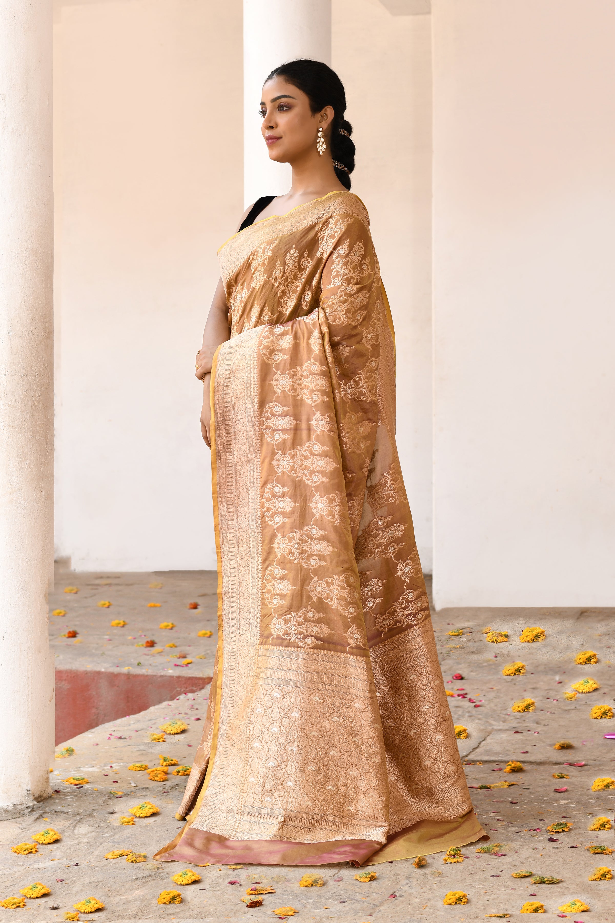 Golden Olive Handwoven Banarasi Katan Silk Saree