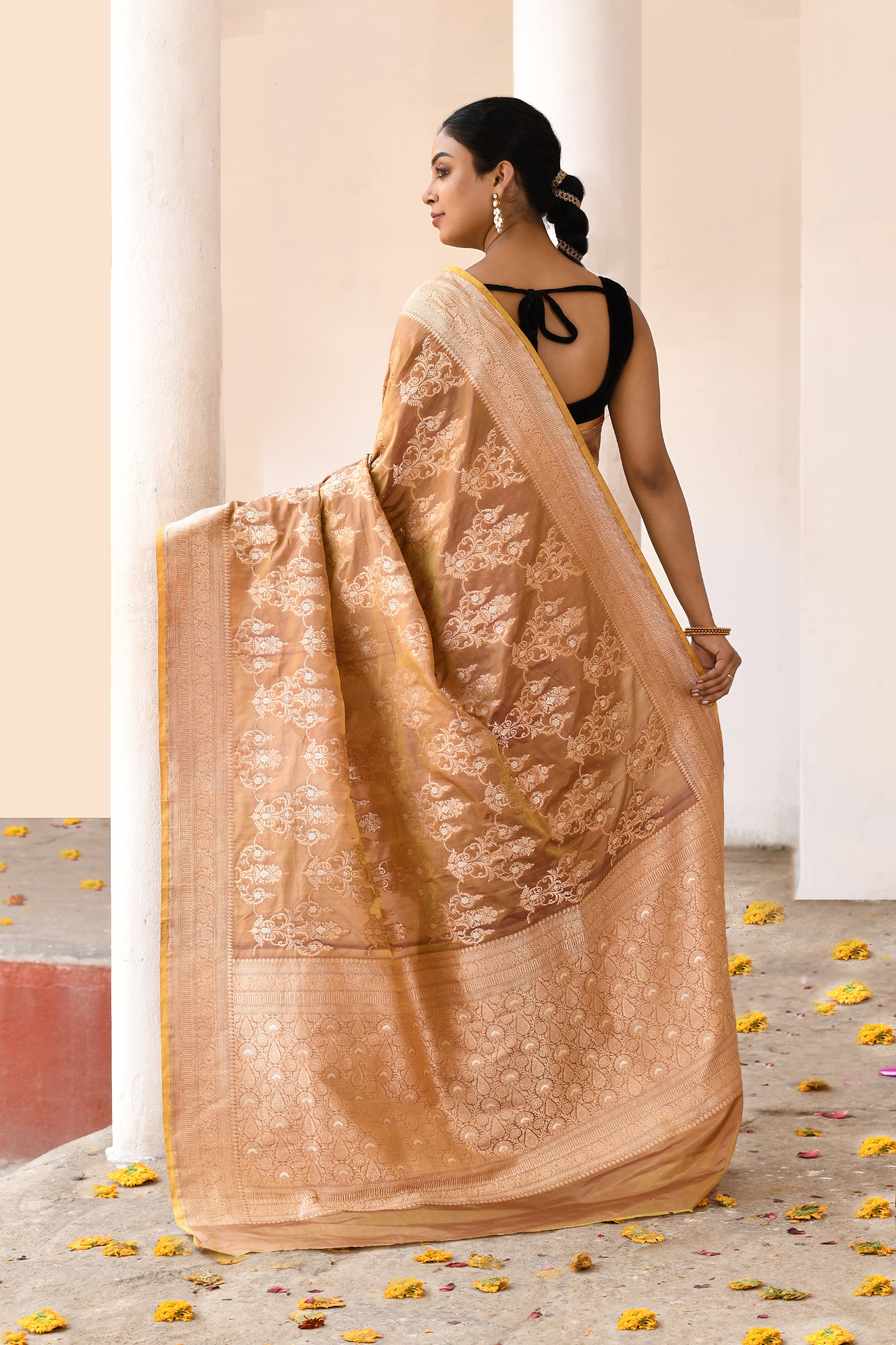 Golden Olive Handwoven Banarasi Katan Silk Saree