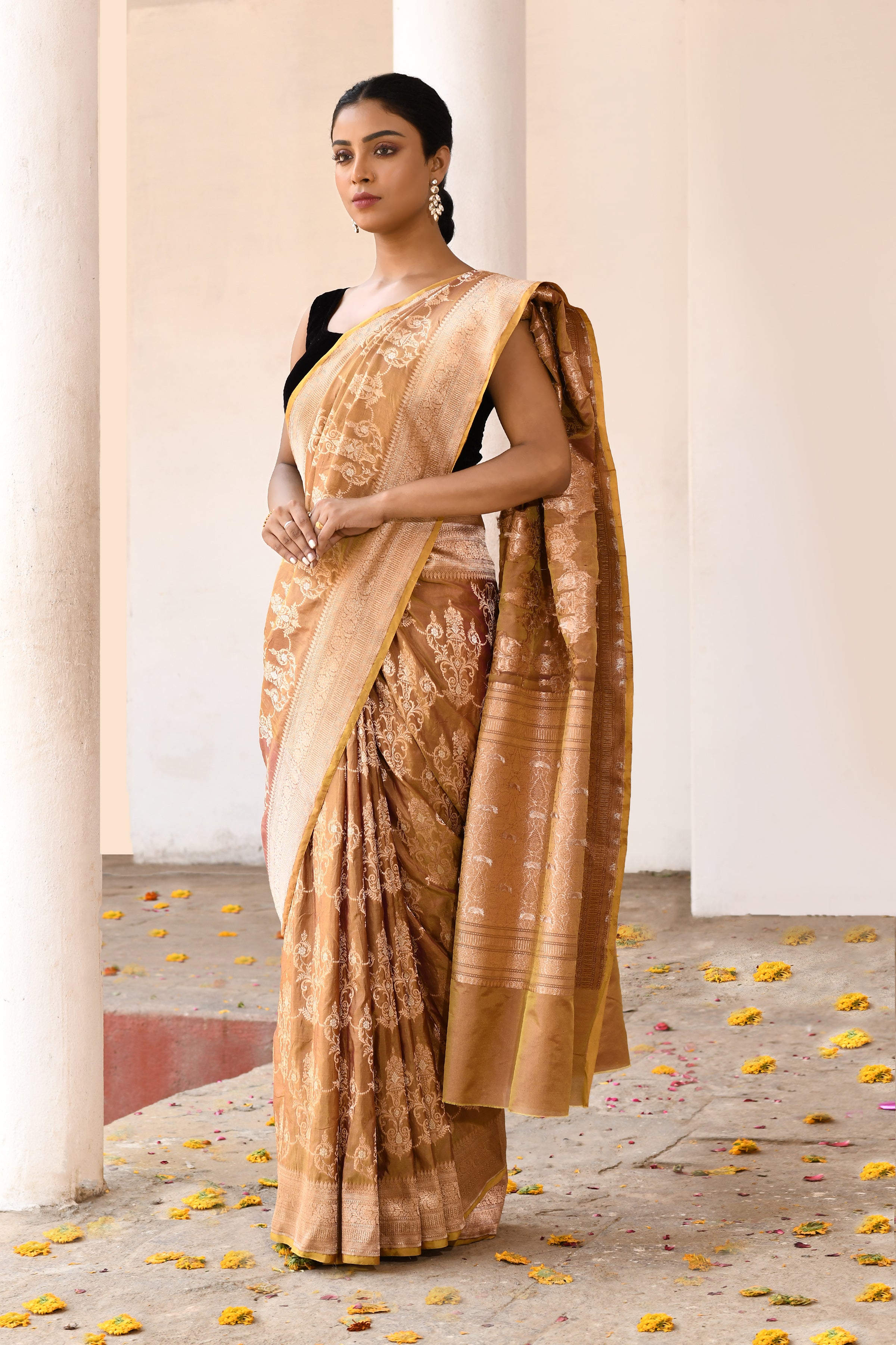 Golden Olive Handwoven Banarasi Katan Silk Saree
