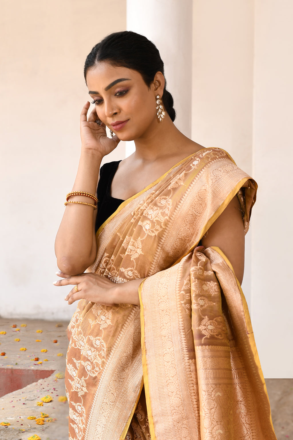 Golden Olive Handwoven Banarasi Katan Silk Saree