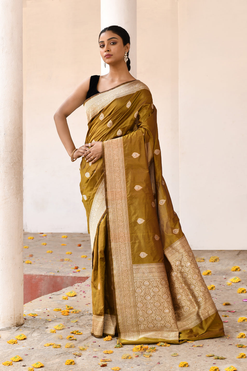 Olive Green Handwoven Banarasi Katan Silk Saree
