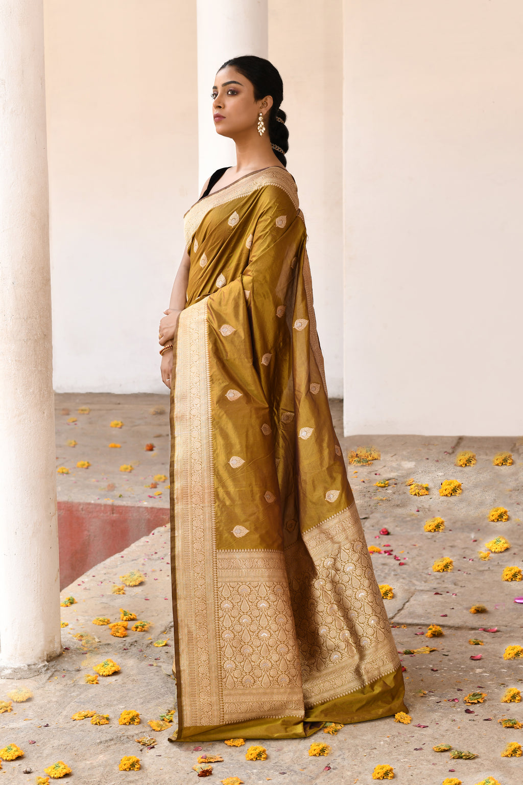 Olive Green Handwoven Banarasi Katan Silk Saree