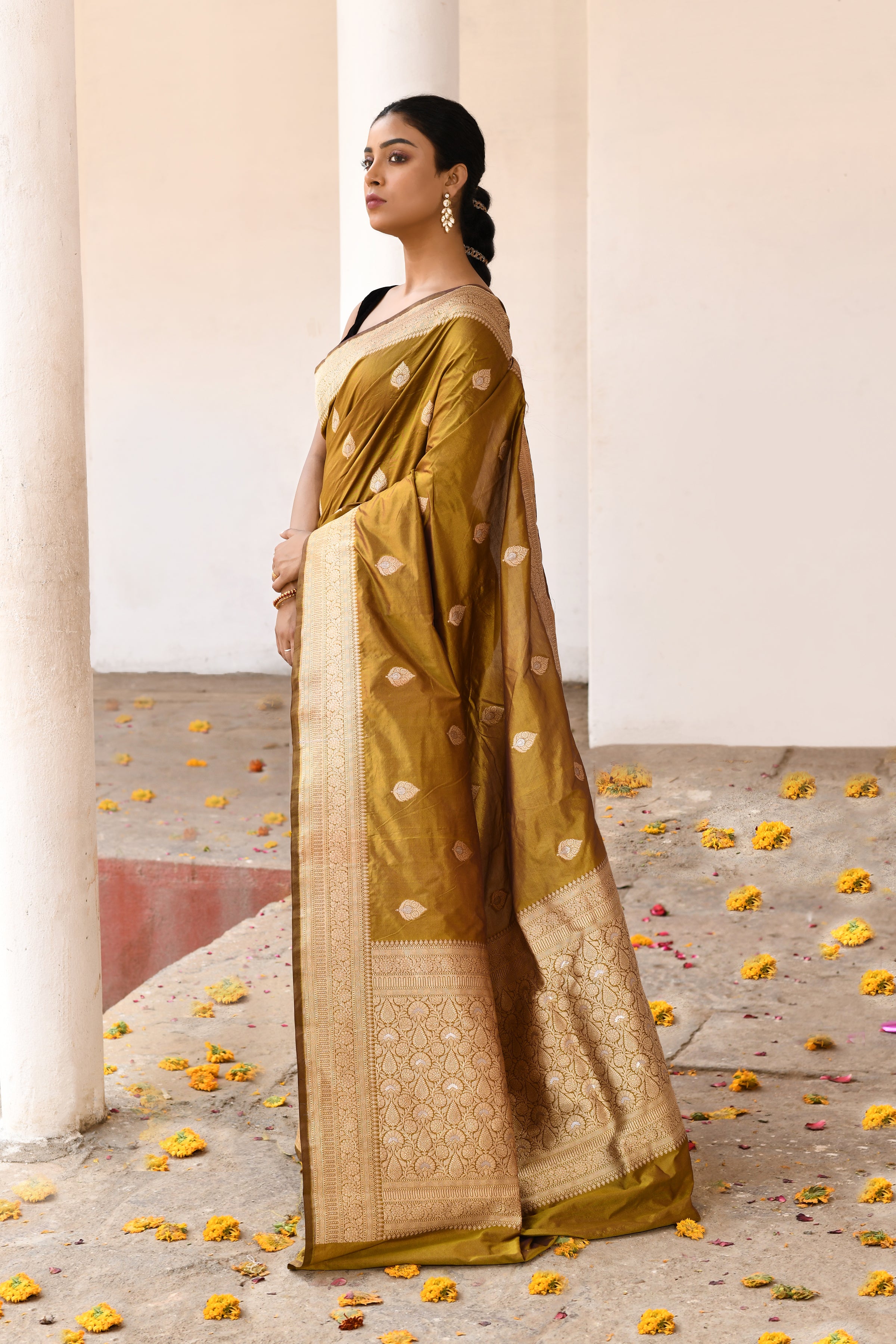 Olive Green Handwoven Banarasi Katan Silk Saree