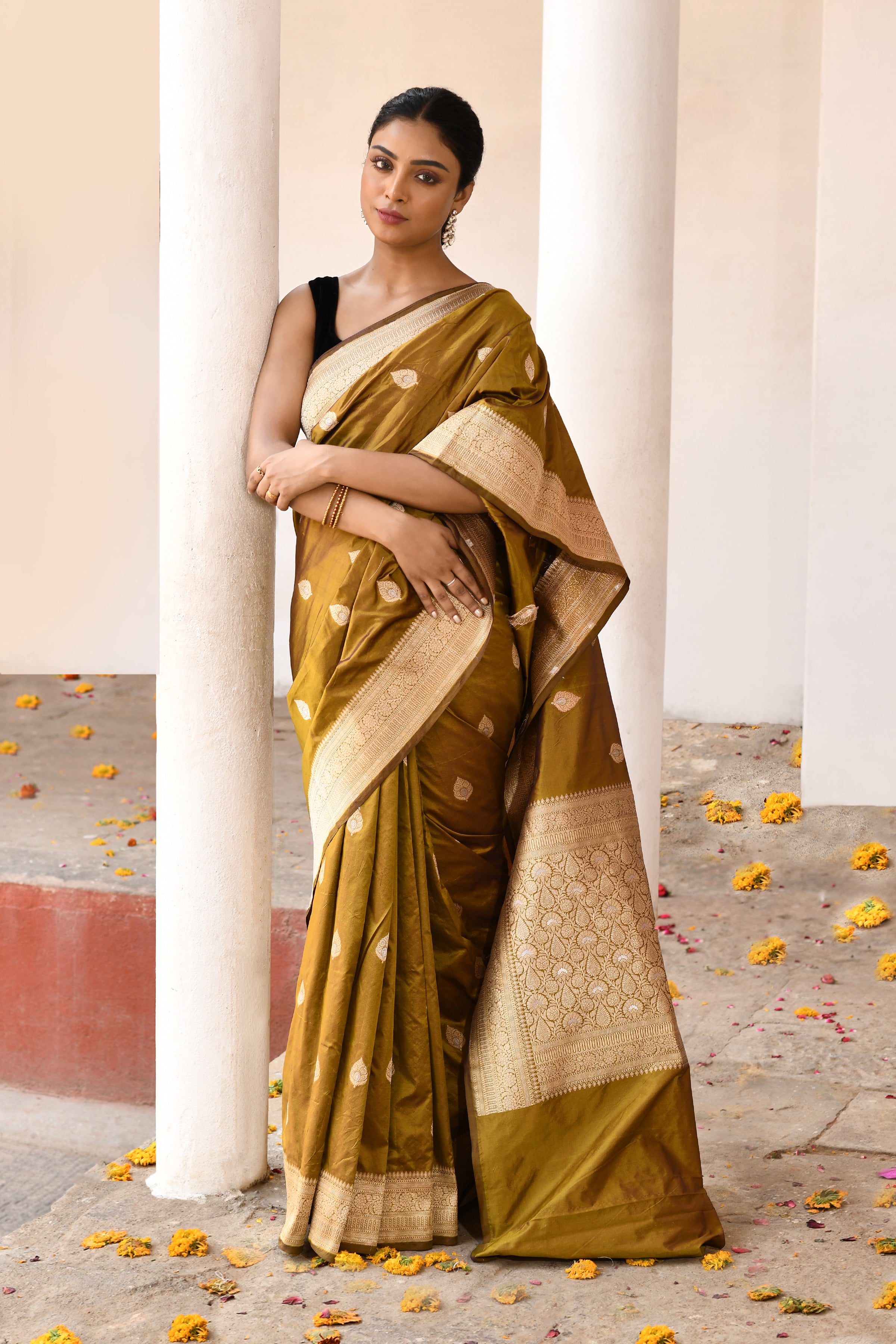 Olive Green Handwoven Banarasi Katan Silk Saree